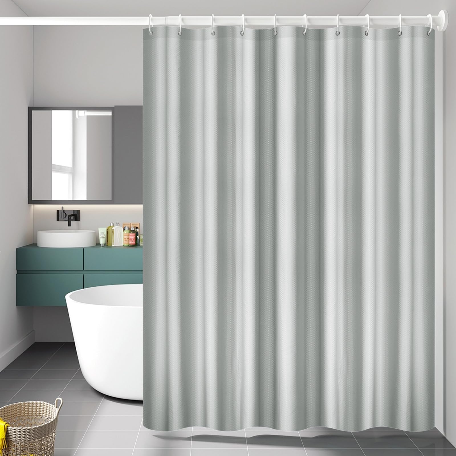 Ayoiow Weighted Shower Curtain Grey with Plastic Hooks, Silver Grey Waffle Polyester Bathroom Curtains for Wet Room Bathtub, Water Resistant 100x200cm