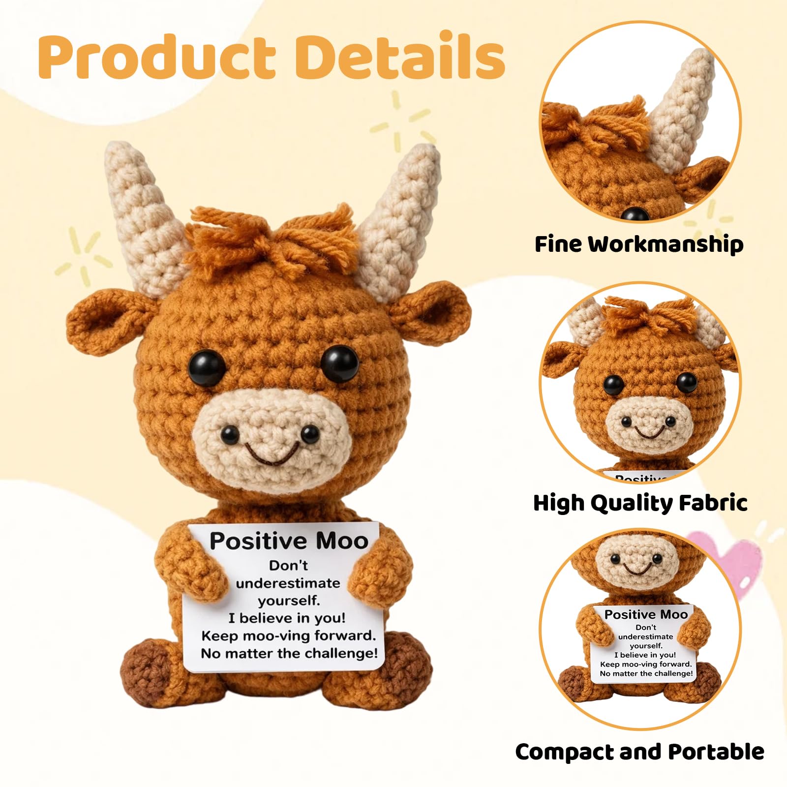 QiiWuic Positive Crochet Animals, Highland Cow Teddy, Good Luck Gifts for Friends and Family, Good Luck Gift For Valentine's Day, Thanksgiving, Mother's Day, Father's Day, Easter and Christmas - Image 3