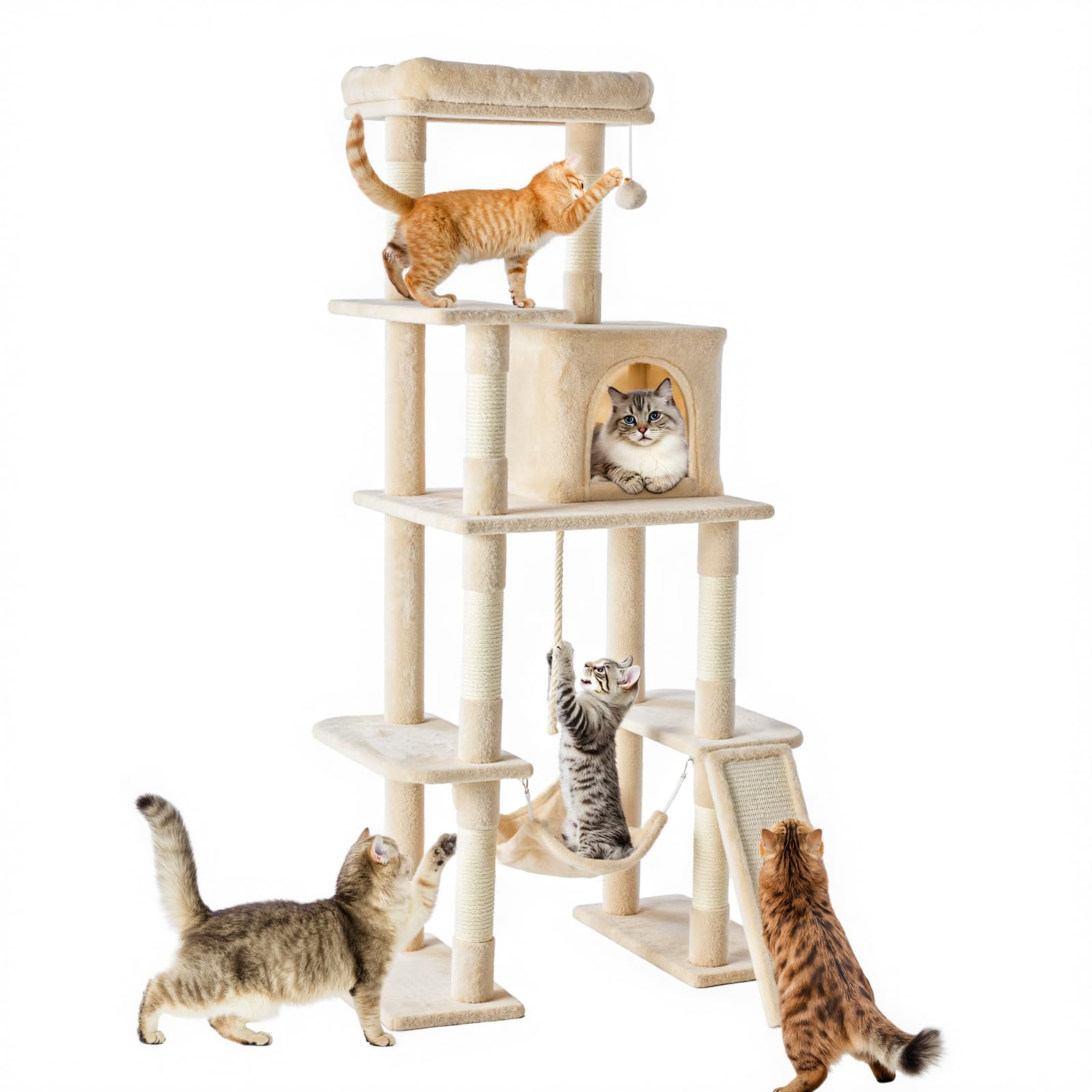 Sweetcrispy 63 Inch Cat Tree Tower with Natural Sisal Scratching Post