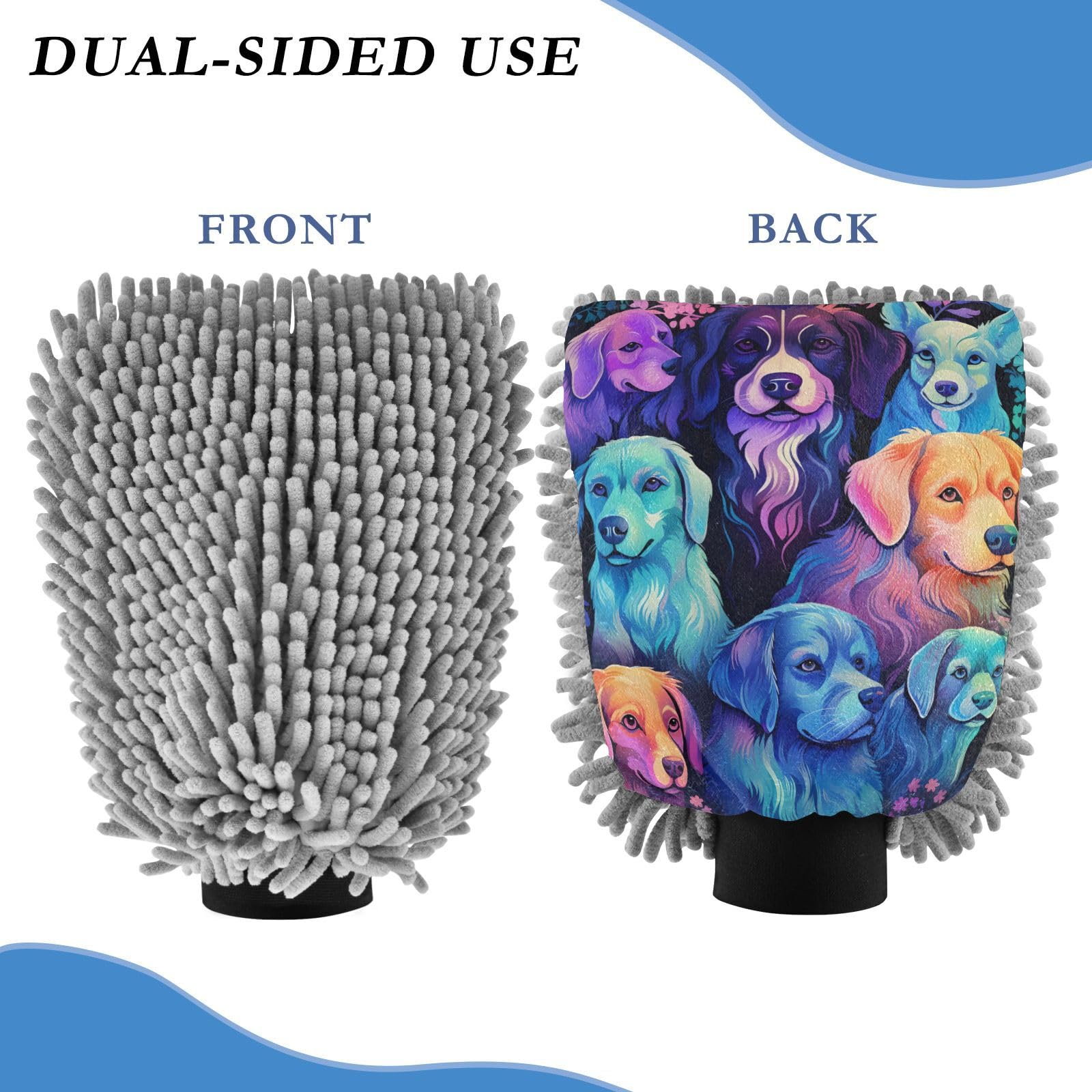 IOACIY Absorbent Microfiber Car Wash Drying Mitts, 2 Pack, Scratch-Free & Lint-Free, Rich Foam, Highly Absorbent, Double Sided, Wash Mitt Perfect for Car Washing, L, Cute Dog (3)