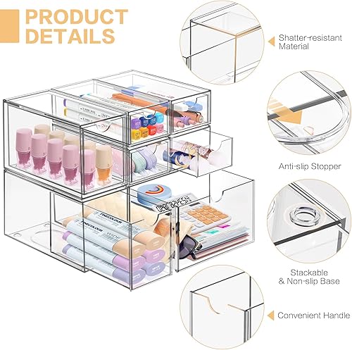 Miniatura 5 de Organizador de escritorio con 7 cajones, 7 paquetes de acrílico apilable, cajones de almacenamiento de escritorio, organizador de maquillaje, caja