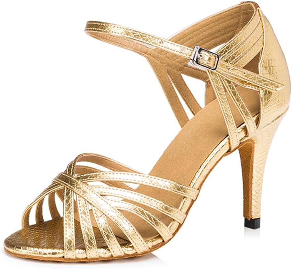 TDA Women's Fashion Single Strap High Heel 8.5cm Heel Gold Latin Salsa Ballroom Dance Shoes 7 M US