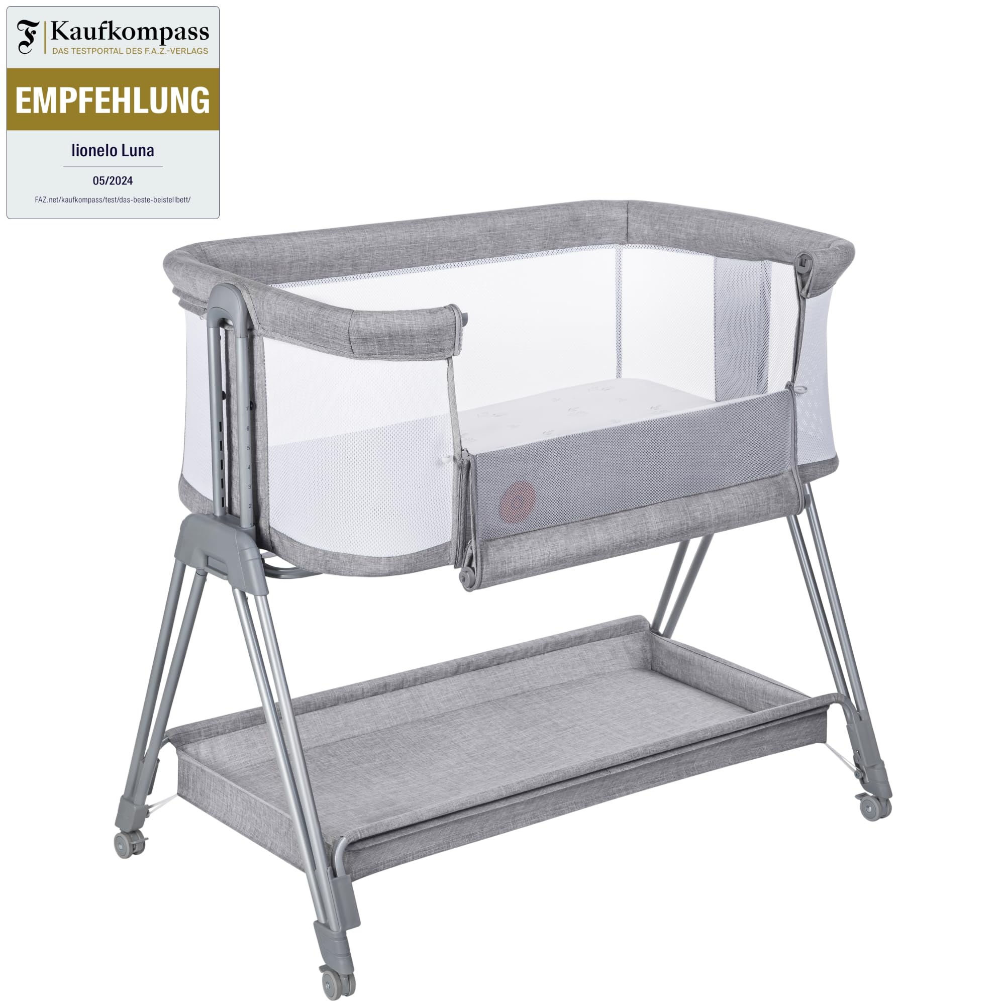 lionelo Luna, lit Bebe indépendant, cododo avec Matelas, co-Sleeping, du Nouveau-né à 9 kg. Hauteur et Inclinaison réglables, 4 Roues avec Blocage, Fixation au lit des Parents, aéré