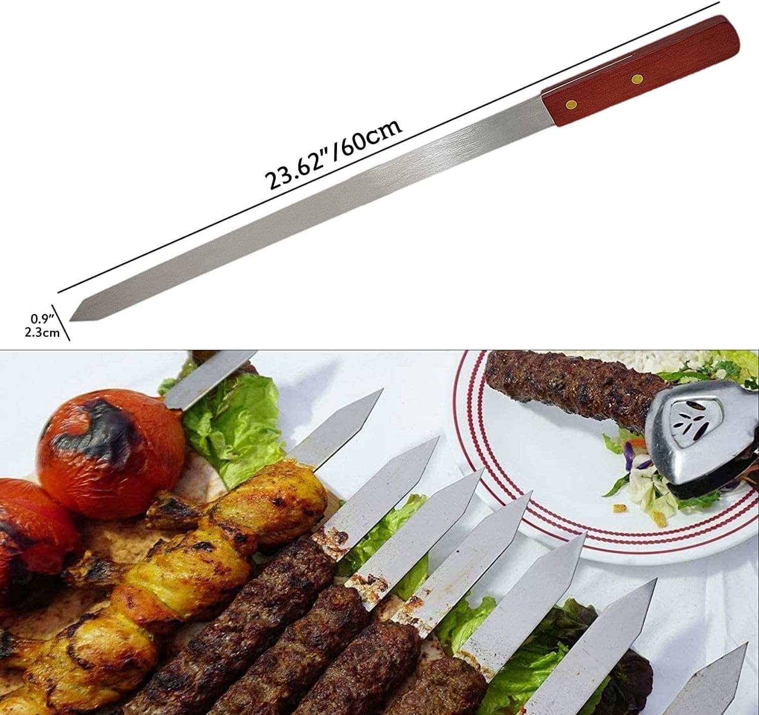 8 Piezas Pinchos de Carne Planos de Acero Inoxidable, 60cm de Carne Reutilizables, Brochetas de Carne Extra Largos con Mangos de Madera, Cubiertos Barbacoa, Pinchos para Verduras Accesorios Barbacoa