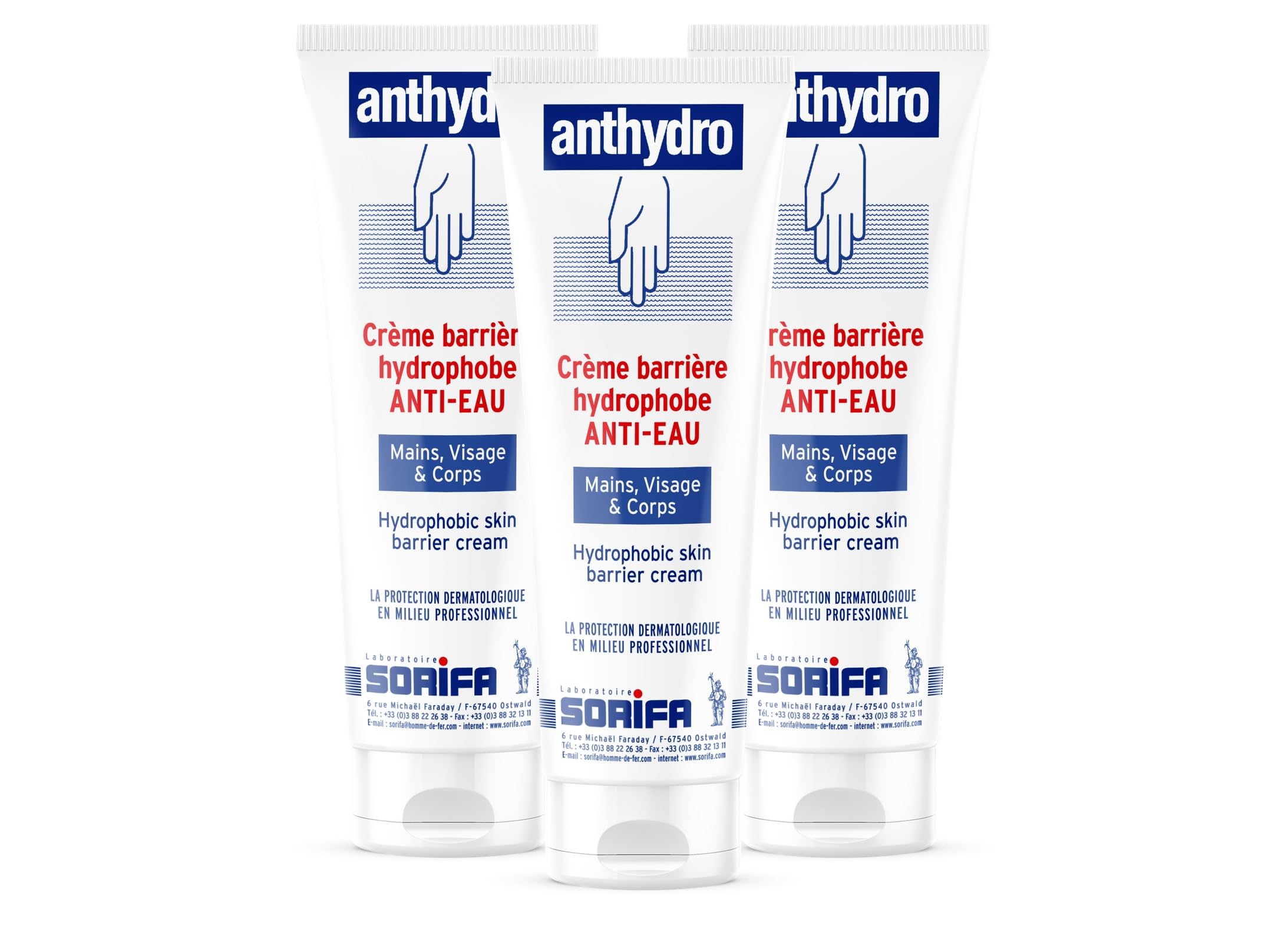 Lot de 3 - ANTHYDRO - Crème Barrière - Protection ANTI-EAU – ANTI-FROTTEMENT - Mains, visage et corps – Haute tolérance - Sans parfum -Tube 125 ml
