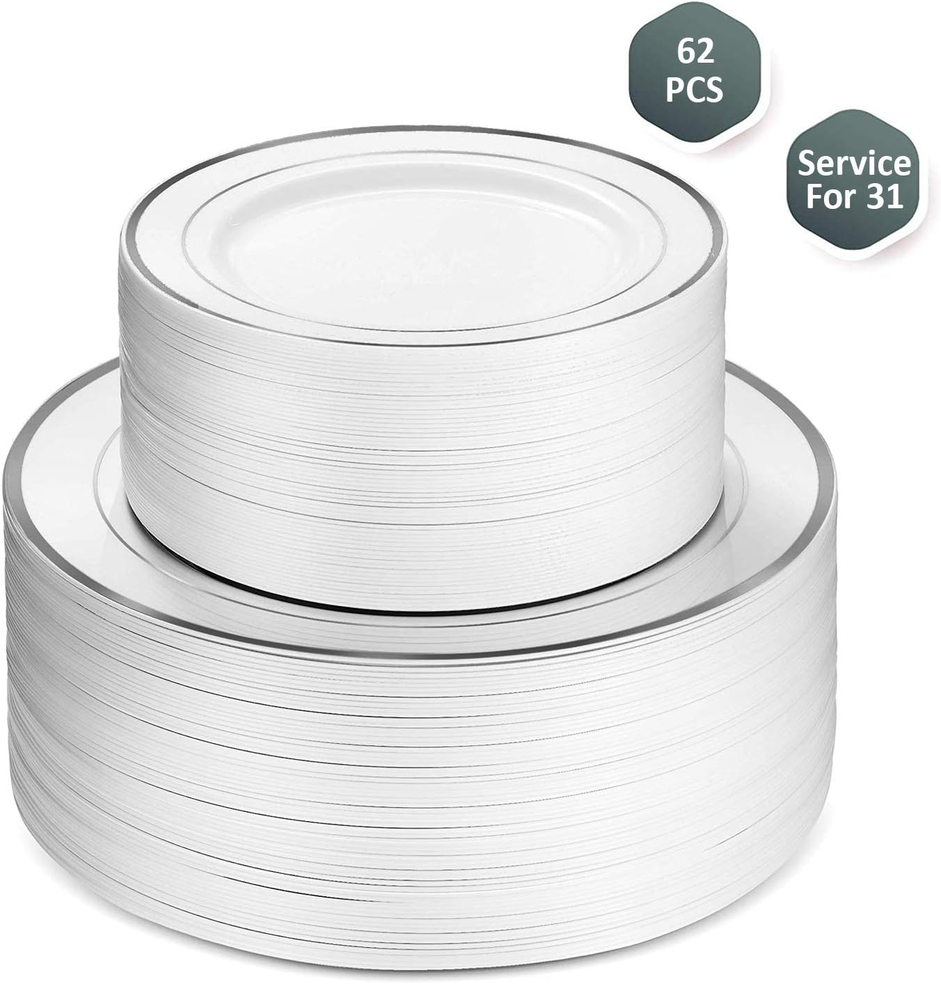 Disposable Plastic Party Plates - 62 Piece Dinnerware Set - 31 Salad Plates and 31 Dinner Plates for Wedding, Banquet, Bridal Shower - Durable White Round Decorative Plate with Elegant Silver Rim