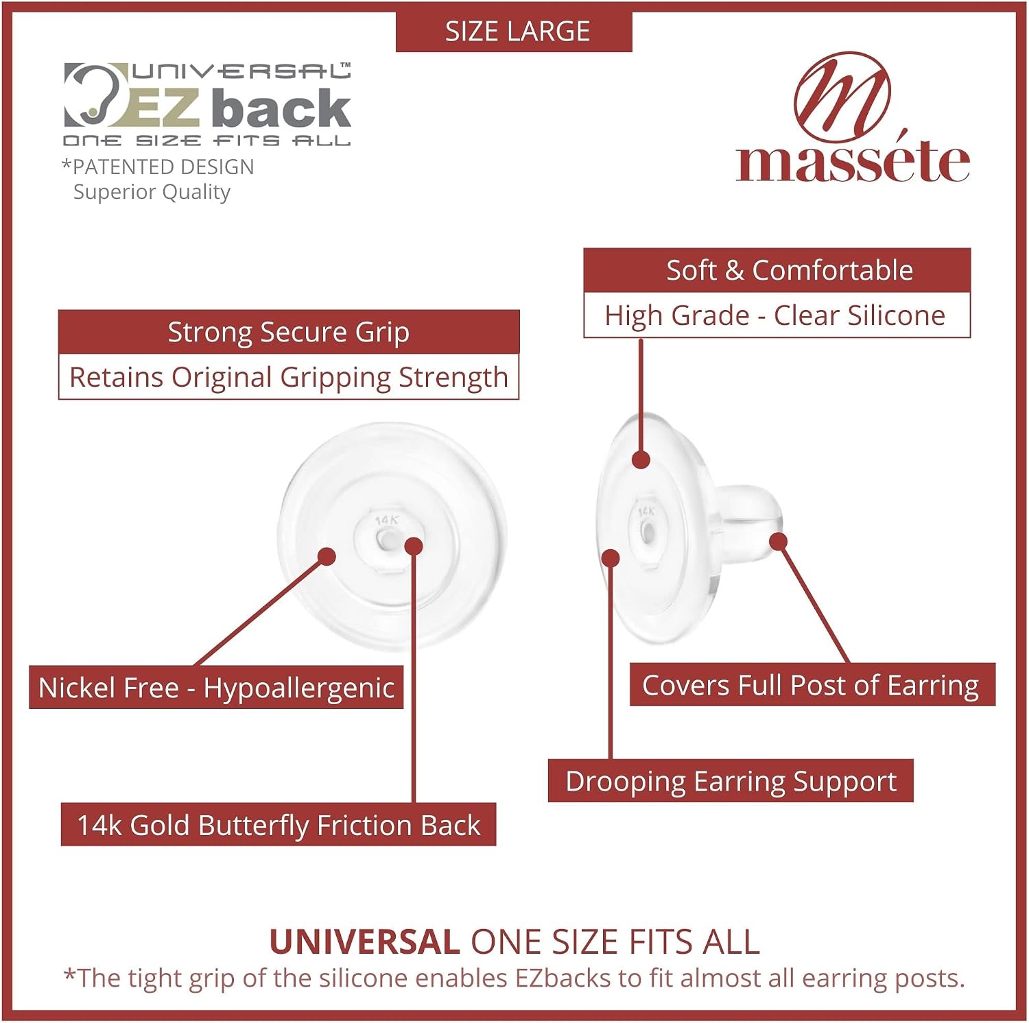Universal EZback Earring Backs Soft Clear Silicone and 14k White Gold Large 1 Pair