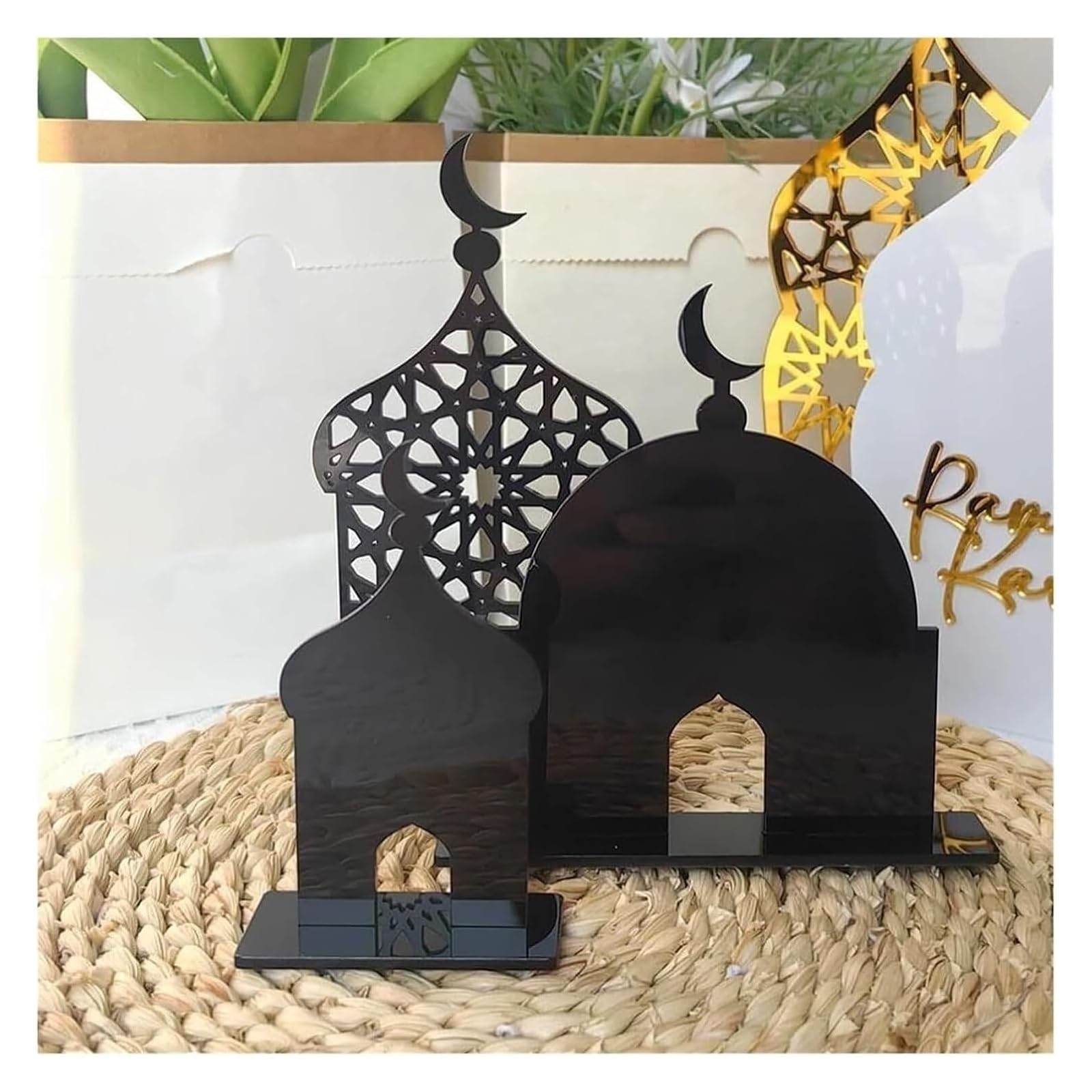 Ozdoby ramadanowe na domowy stół, Ramadan muzułmańska ozdoba na biurko półksiężycowy zamek akrylowy znak islamskie muzułmańskie prezenty(Black)
