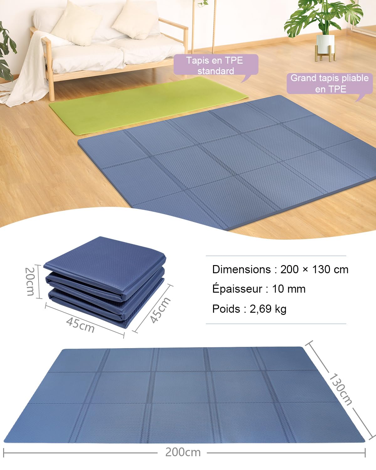 Tapis de yoga pliable XXL - 200 x 130 cm - Antidérapant - En TPE - 5 mm/10 mm d'épaisseur - Avec sac de transport - Pour la maison, les voyages, le pilates