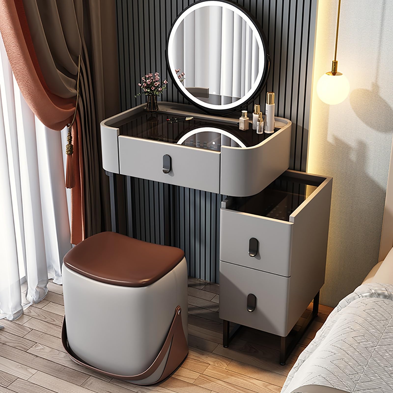 CGCSYZ White Vanity Desk with Mirror and Drawers Wooden Makeup Desk for Bedroom with Adjustable Brightness Mirror Vanity Table for Girls and Women Dressing Room Furniture(Light Gray B-60cm/23.6in)