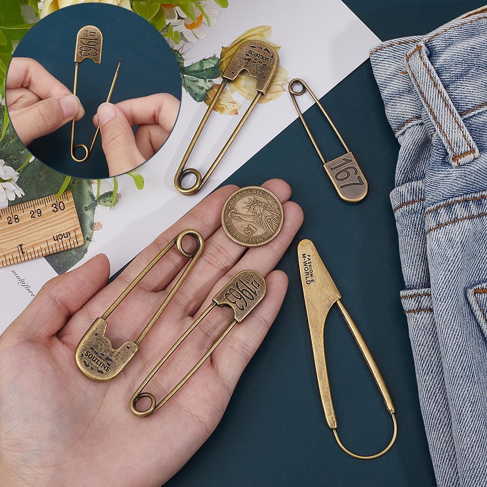 arricraft 5 Pcs Extra Large Vintage Safety Pins, 5 Styles Antique Bronze Heavy Duty Safety Pins Vintage Brooch Pin Sweater Shawl Clip Kilt Pin for Scarf Hat Sweater Skirt Shawl