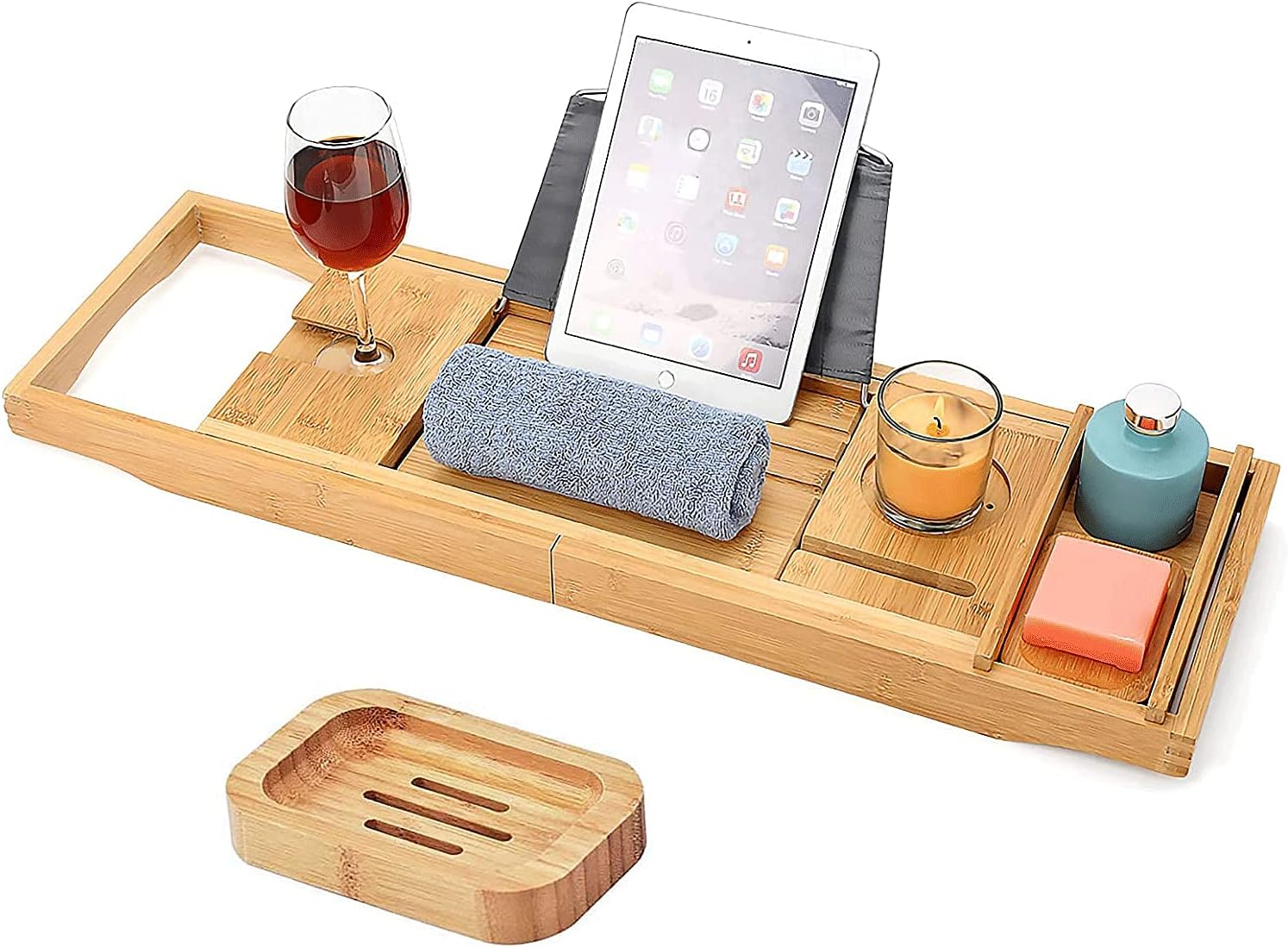 Bathtub Tray, Bamboo Bathtub Caddy Tray, Adjustable Bathroom Organizer for Luxury Bath, Book Stand with Extending Sides & Wine Holder, Free Soap Holder