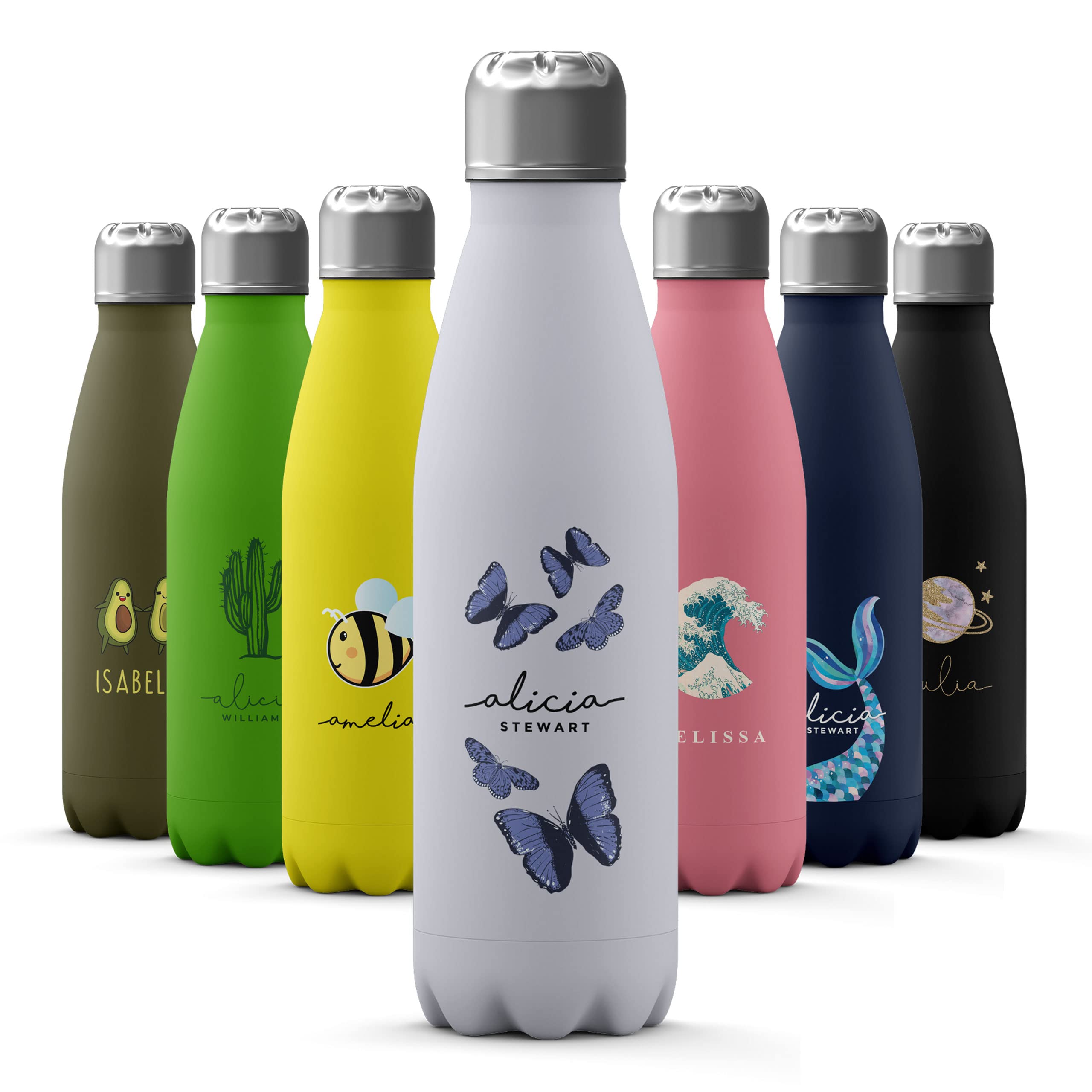Tirita Personalised Water Bottle - Thermal Travel Flask for Hot & Cold Drinks - Insulated Stainless Steel Bottle - Gym, Office, School Drink Bottles - 500ml water bottle [22- Blue Butterflies] — image 1
