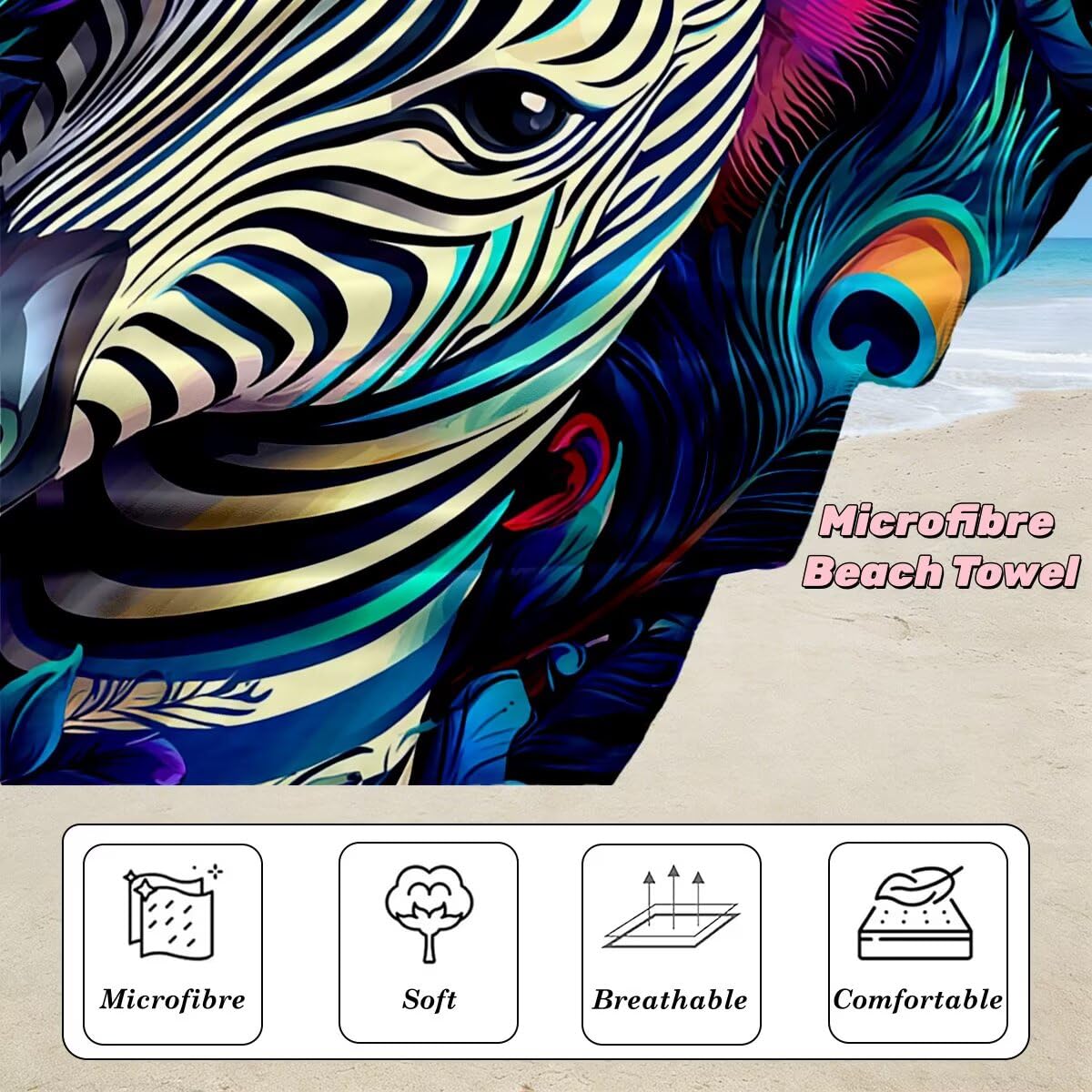 Ręcznik plażowy XXL, 90 x 200 cm, zestaw 2 szt., z mikrofibry, ręcznik plażowy, zebra, szybkoschnący, do sauny, fitness, bez piasku, ręcznik plażowy, do sauny, duży ręcznik kąpielowy, prezent dla