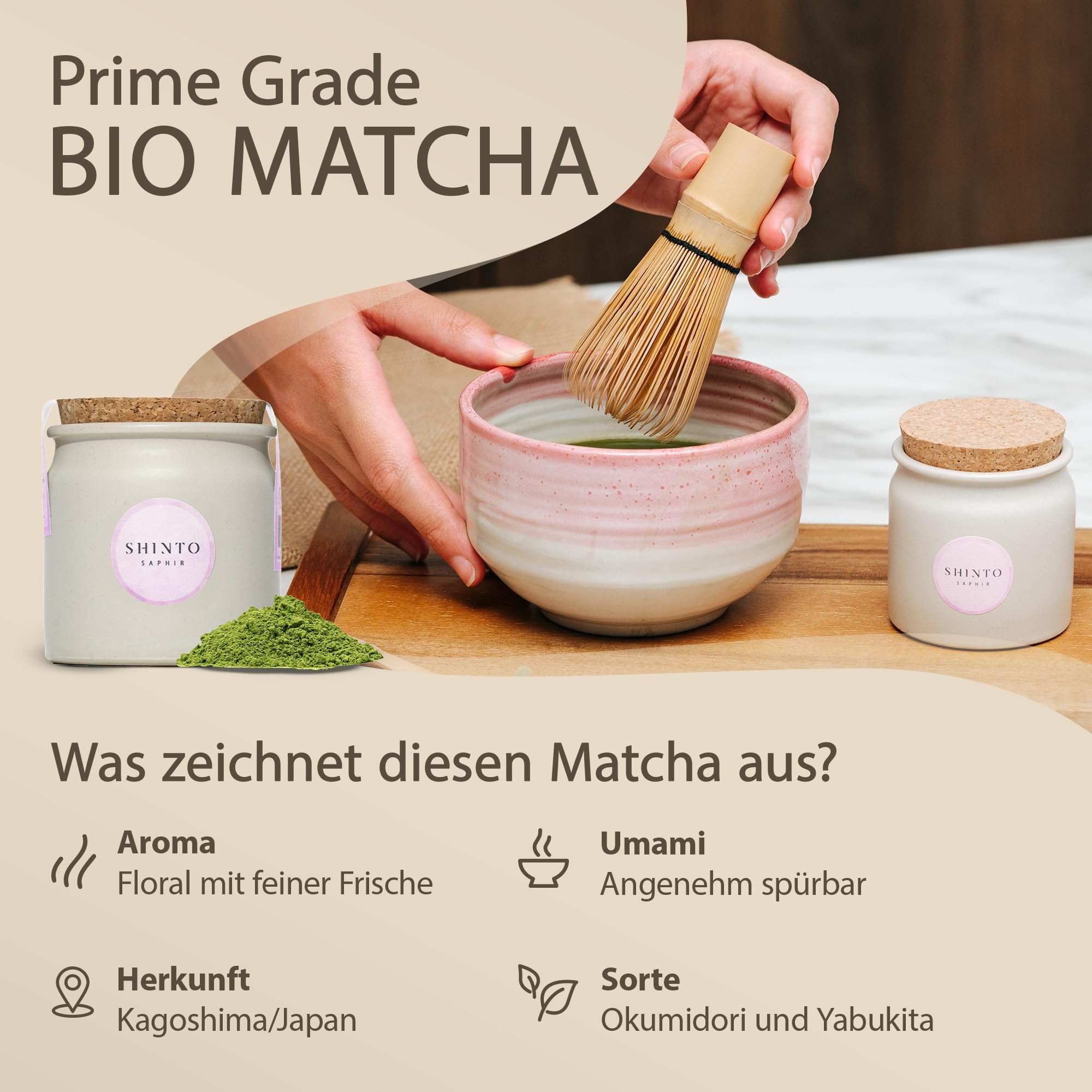 Shinto - Bio Matcha Pulver "Saphir" - angenehm spürbares Umami - Ceremonial Matcha Tee beschattet & handgepflückt - florales Aroma mit feiner Frische - Direktimport aus Uji Japan - 30g Tongefäß