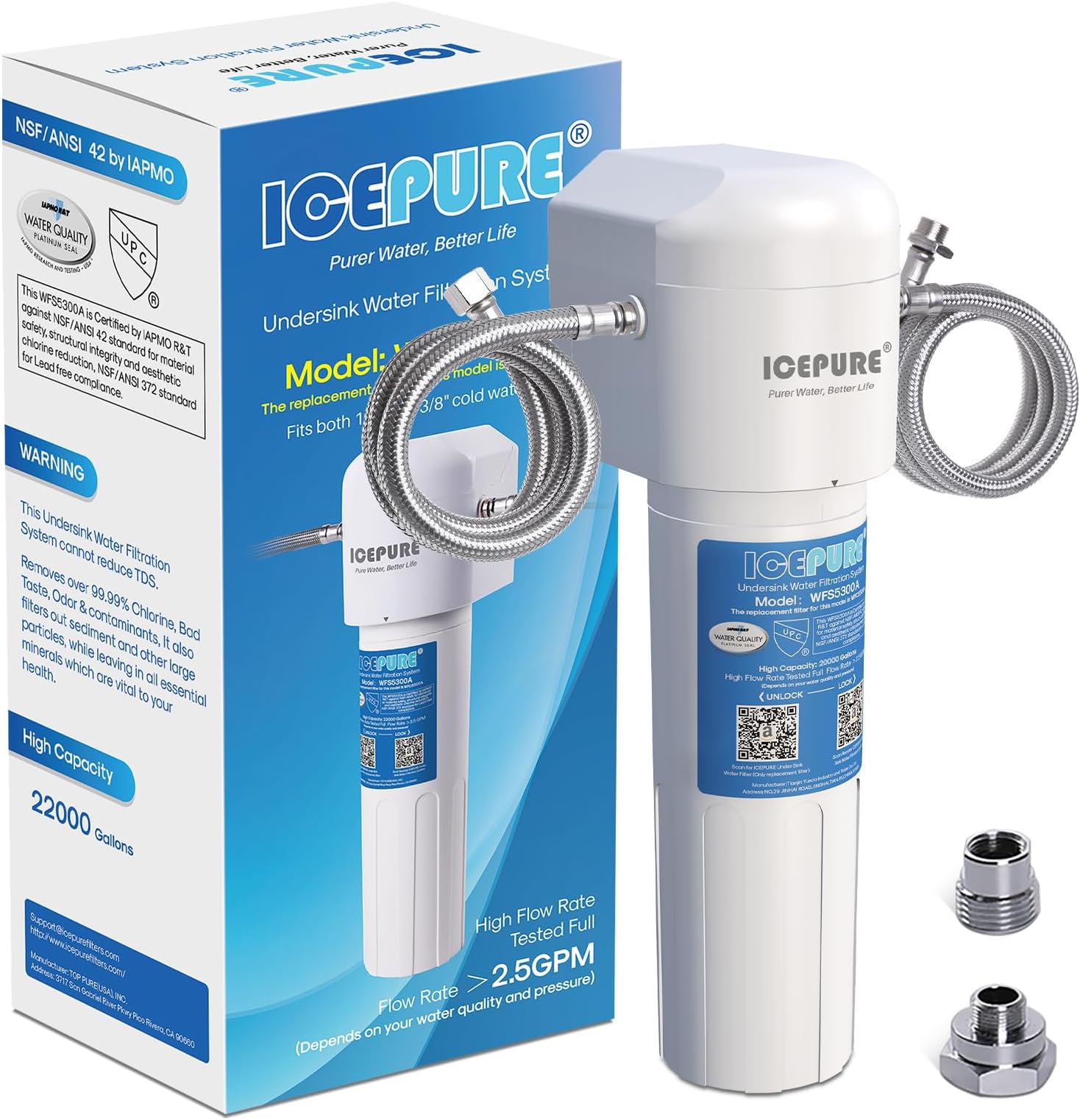 ICEPURE Under Sink Water Filter System, 20000 Gallons NSF/ANSI 42 Certified, Ultra High Capacity, Direct Connect Under Counter Drinking Water System, 0.5 Micron Removes 99.99% Chlorine, Odor, USA Tech