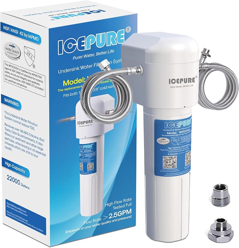 ICEPURE bajo el sistema de filtro de agua del fregadero, 3 años o 22000 galones de vida ultra alta con certificación NSF/ANSI 42, elimina metales pesados,cloro, conexión directa bajo el sistema de agua potable de contador, usa Tech
