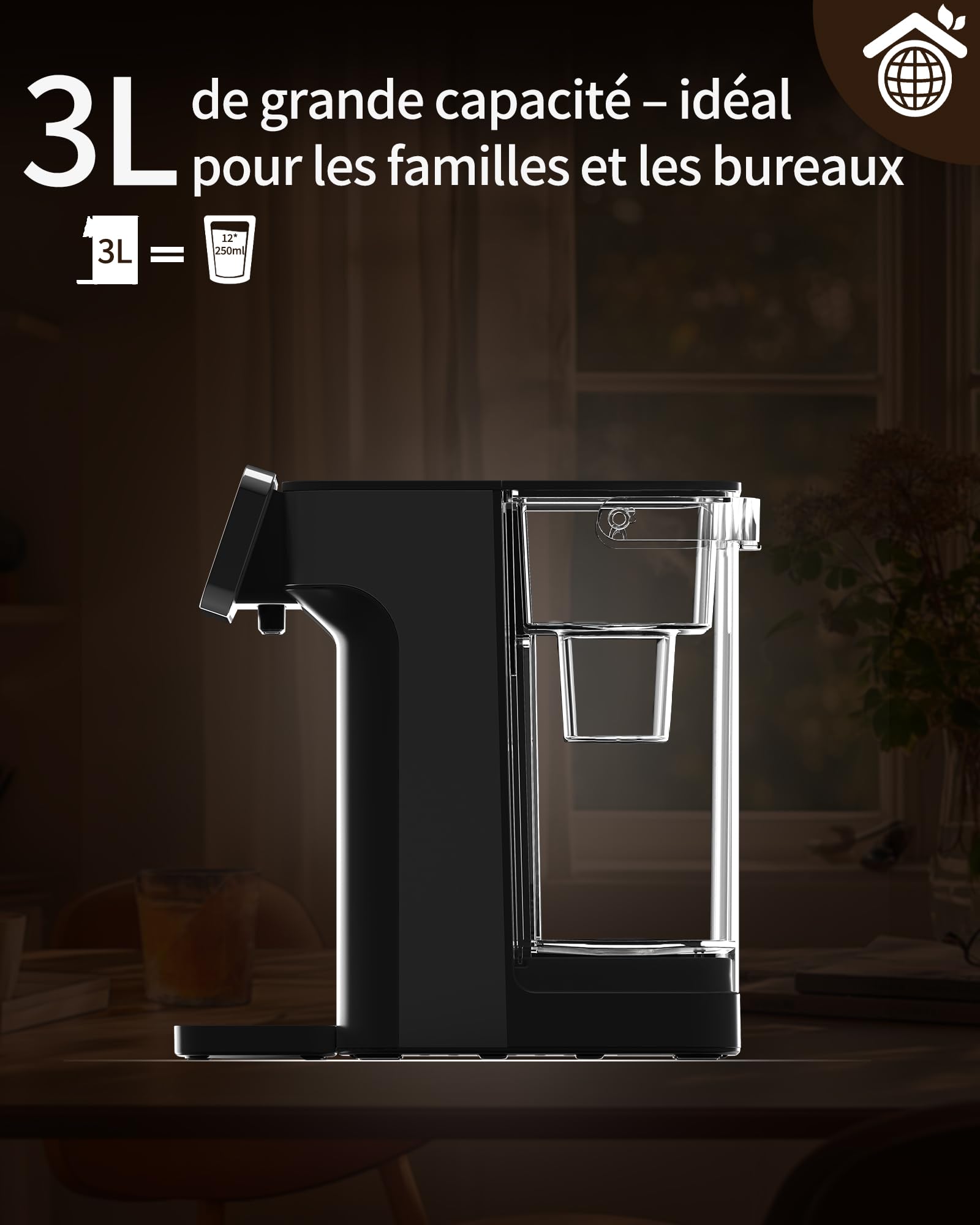 Distributeur d'eau chaude KEI906 (sans filtre) – 2600 W d'eau chaude en quelques secondes, 4 niveaux de température et 5 quantités d'eau, réservoir de 3 l, compact pour cuisine et bureau
