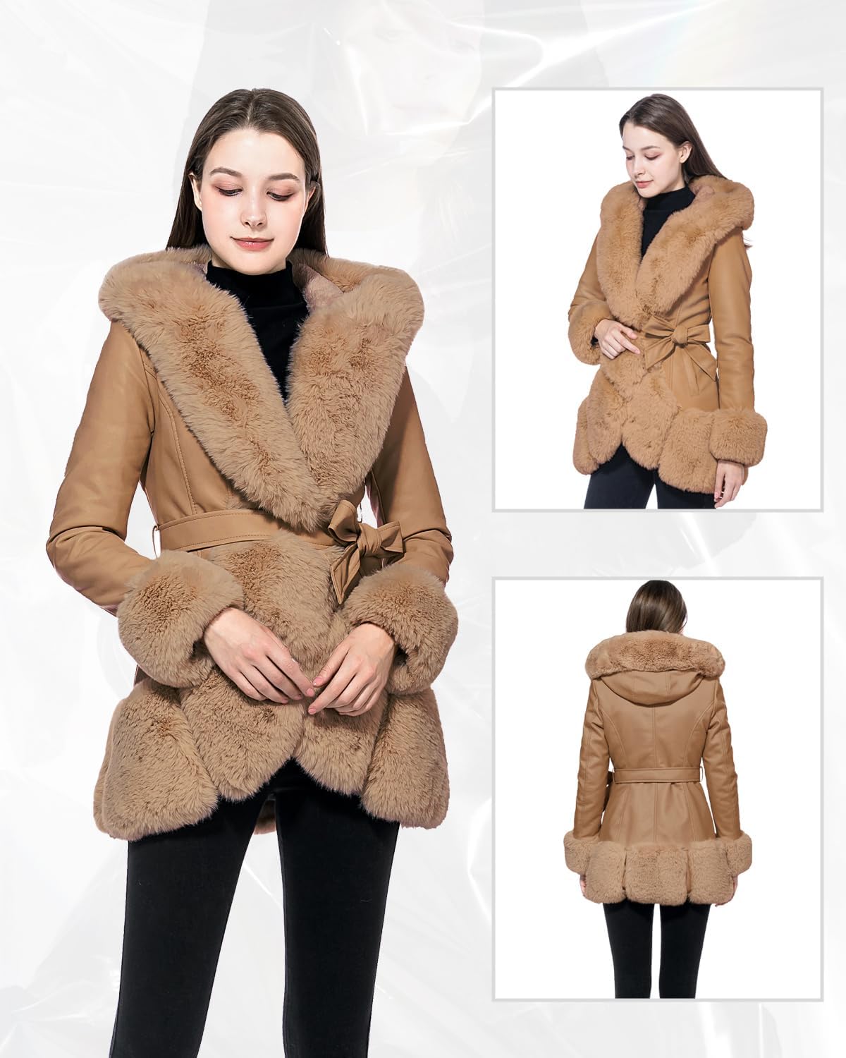GRAN ORIENTE Women's Faux Leather Coat with Faux Fur Collar,Winter Warm Belted Mid Length Trim Jacket Fur Lined with Hood - Image 3