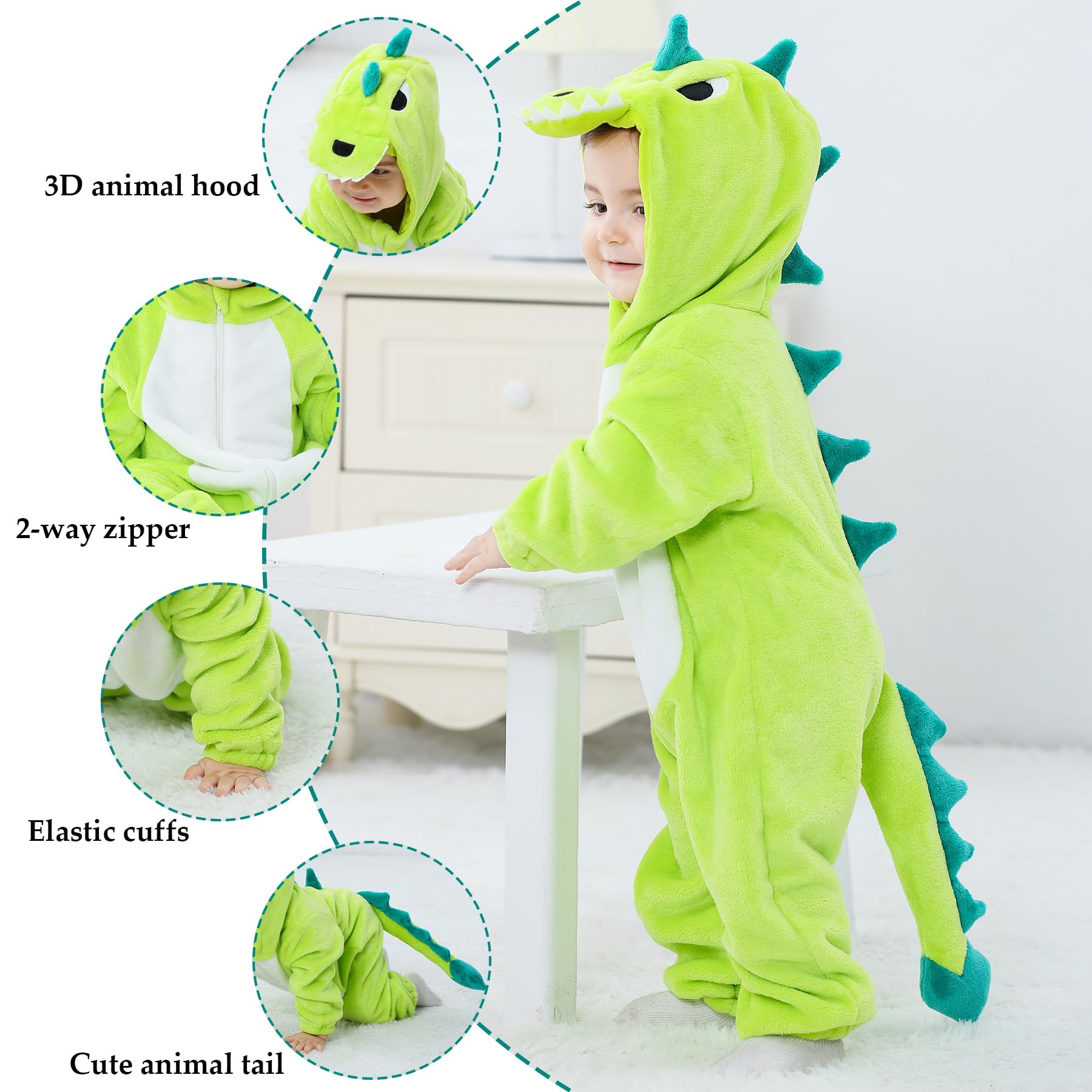 TONWHAR Unisex Baby Animal Halloween Costume Kid's and Toddler's Autumn Winter Outfits Jumpsuit(3-4T,Light Green Dino)