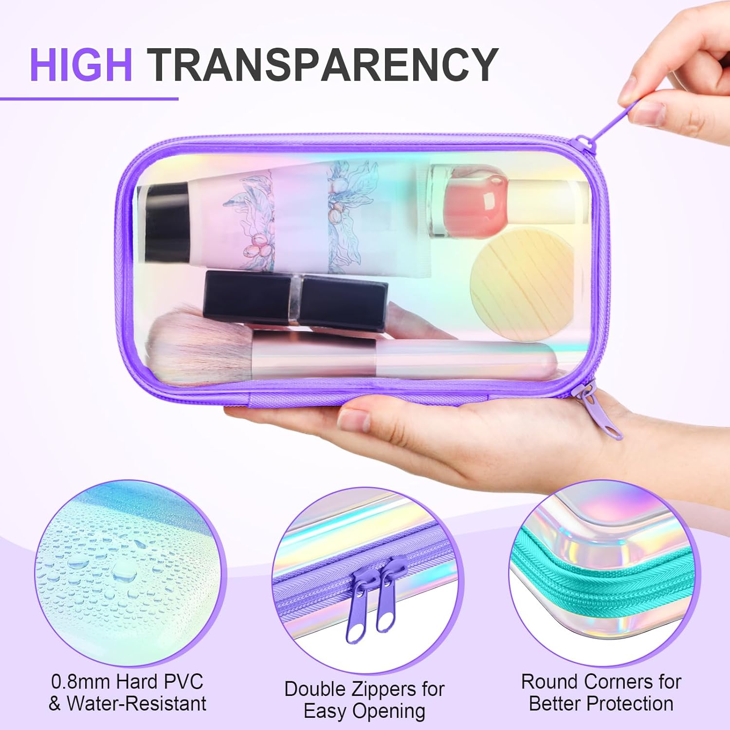 Sanwuta 6 Pcs Clear Hard Zipper Case Plastic Zipper Pouches Transparent Makeup Bag Pencil Case Pouches Toiletry Diaper Bag for Travel Toy Storage Organizer Bins(Holographic,7.48 x 3.94 x 2 Inch) - Image 3