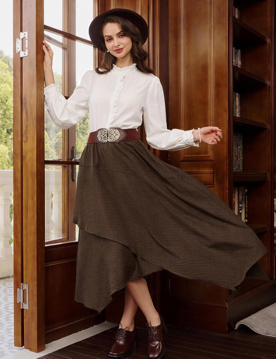 Belle Poque Women Vintage Skirt Asymmetrical Hem Flowy Maxi Skirts with Pockets - Image 6