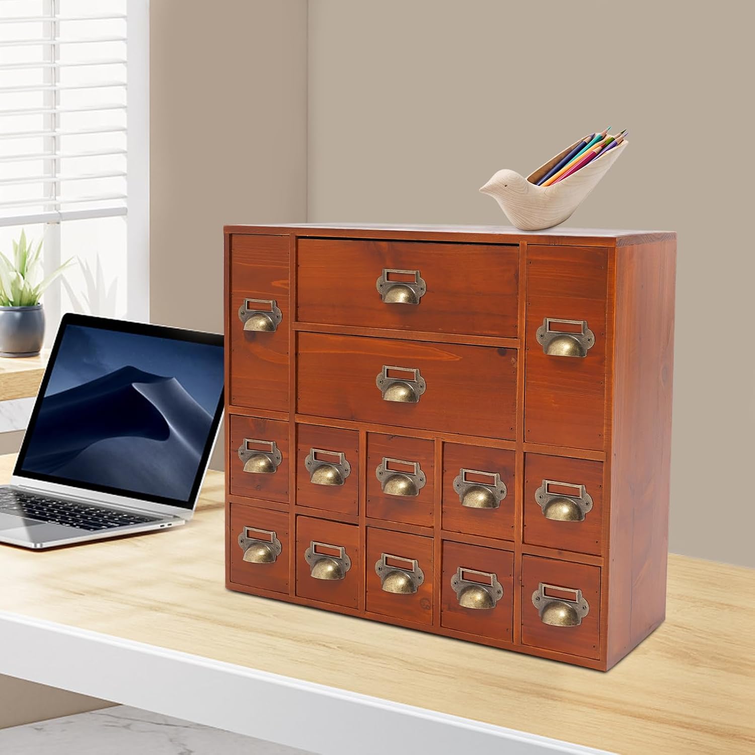 Drawers Storage Cabinet, Apothecary Drawers Card Catalog Desk Drawer Organizer with 14 Drawers, Wooden Card Catalog Wooden Storage Box for Desktop Organizer, Tea Coffee Pod Storage Tool for Home Shop
