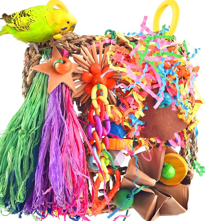 KATUMO Conure Toys, Bird Grass Mat Parakeet Shredder Hanging Toy Cockatiel Foraging Entertainments Parrot Climbing Wall Chewy Lovebird Cage Playthings for Small to Medium Birds