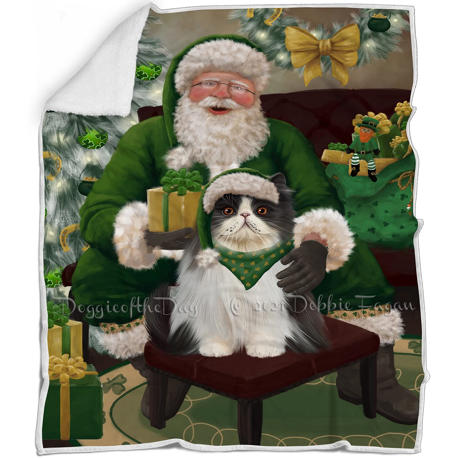 Doggie of the Day Persian Cat Blanket - Christmas Irish Santa with Gift - Super Soft & Warm Pet Theme for Sofa or Bed, Warm Fleece, Sherpa or Woven Material BLNKT141443 (40x50 Fleece)