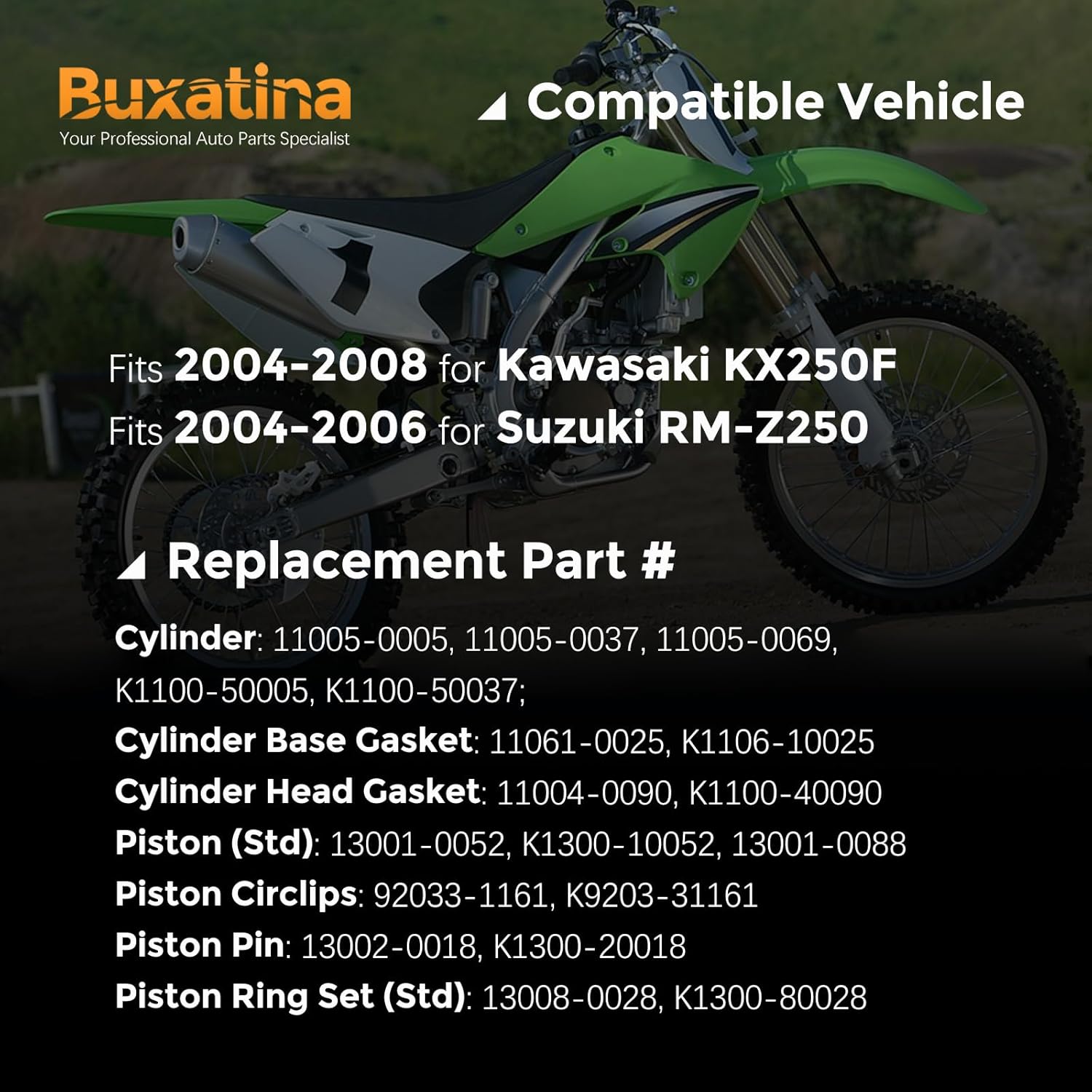 K1100-50005 STD 77mm Cylinder Piston Ring Gasket Kit Fits for Kawasaki KX250F 2004-2008, Fits for Suzuki RM-Z250 2004 2005 2006 Replace# K1100-50037 11005-0005 11005-0037 11005-0069