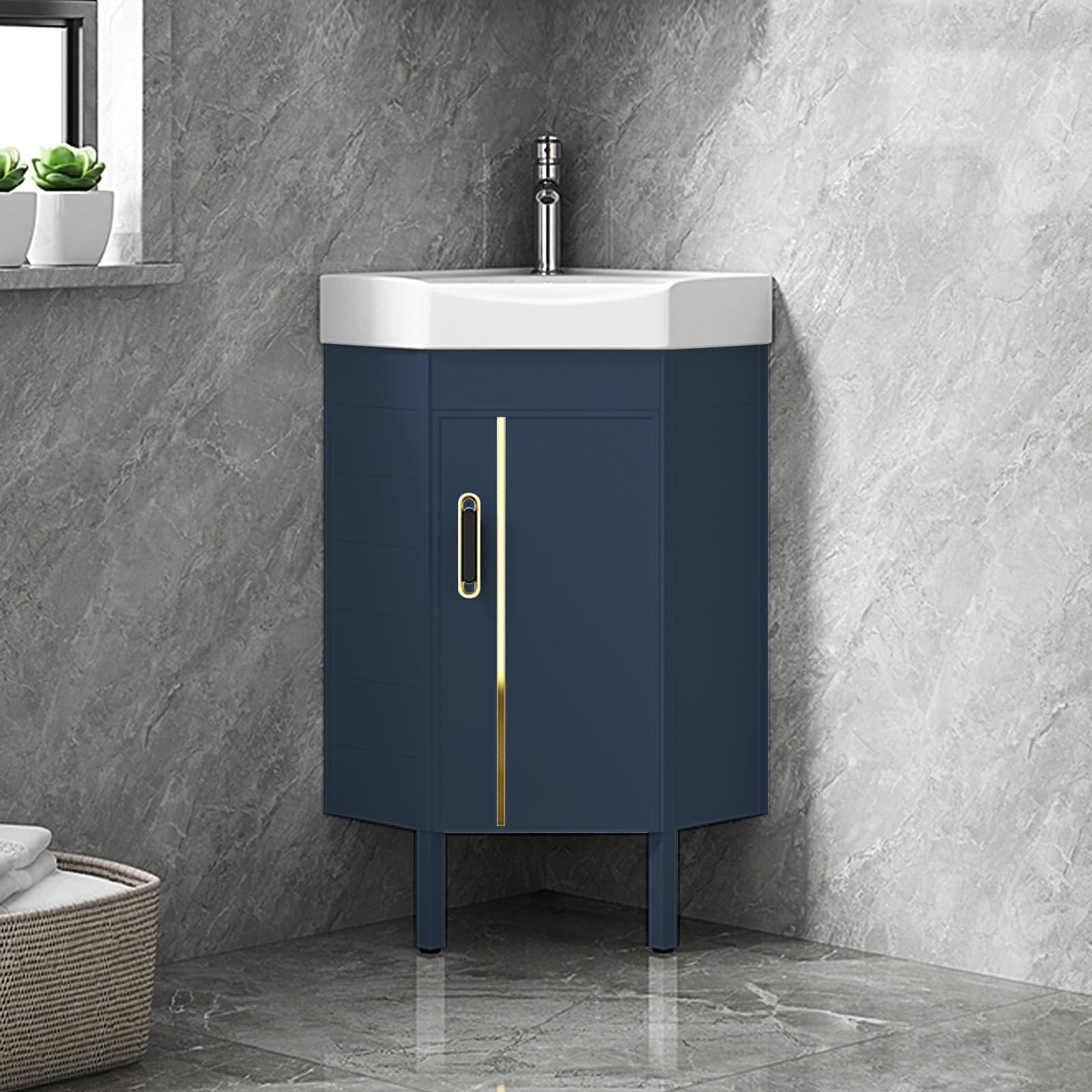 DFGHNBVC Compact Corner Vanity Sink, Space-Saving Floor Mounted Design With Ceramic Basin, Ideal For Tight Spaces In Bathrooms And Laundry Areas,Blue-38Cm/15In