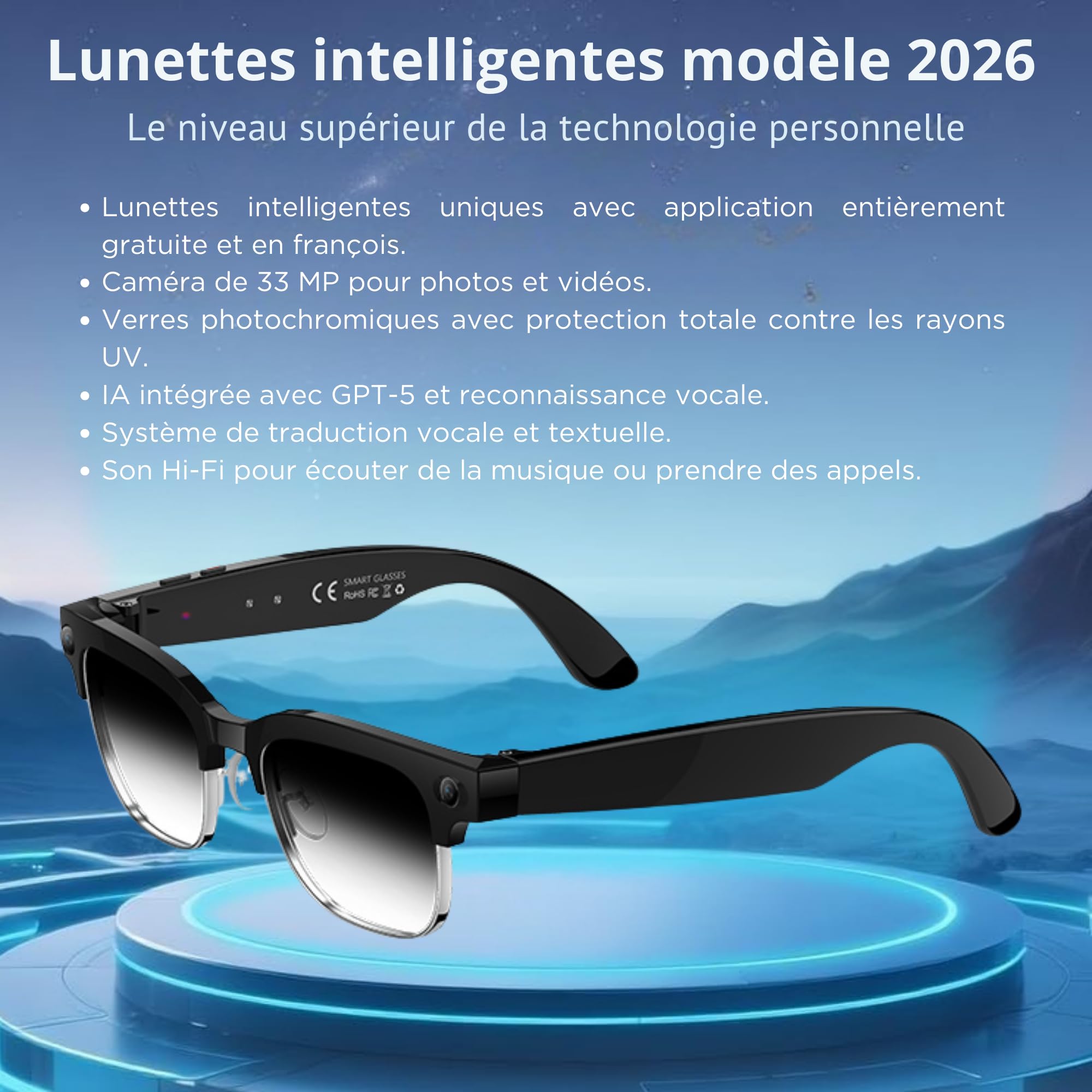 smartia Lunettes intelligentes avec Appareil Photo, modèle 2026, Application en françois, Lunettes Bluetooth Son Hi-FI, IA GPT 5 intégrées par Voix, Lunettes intelligentes photochromiques