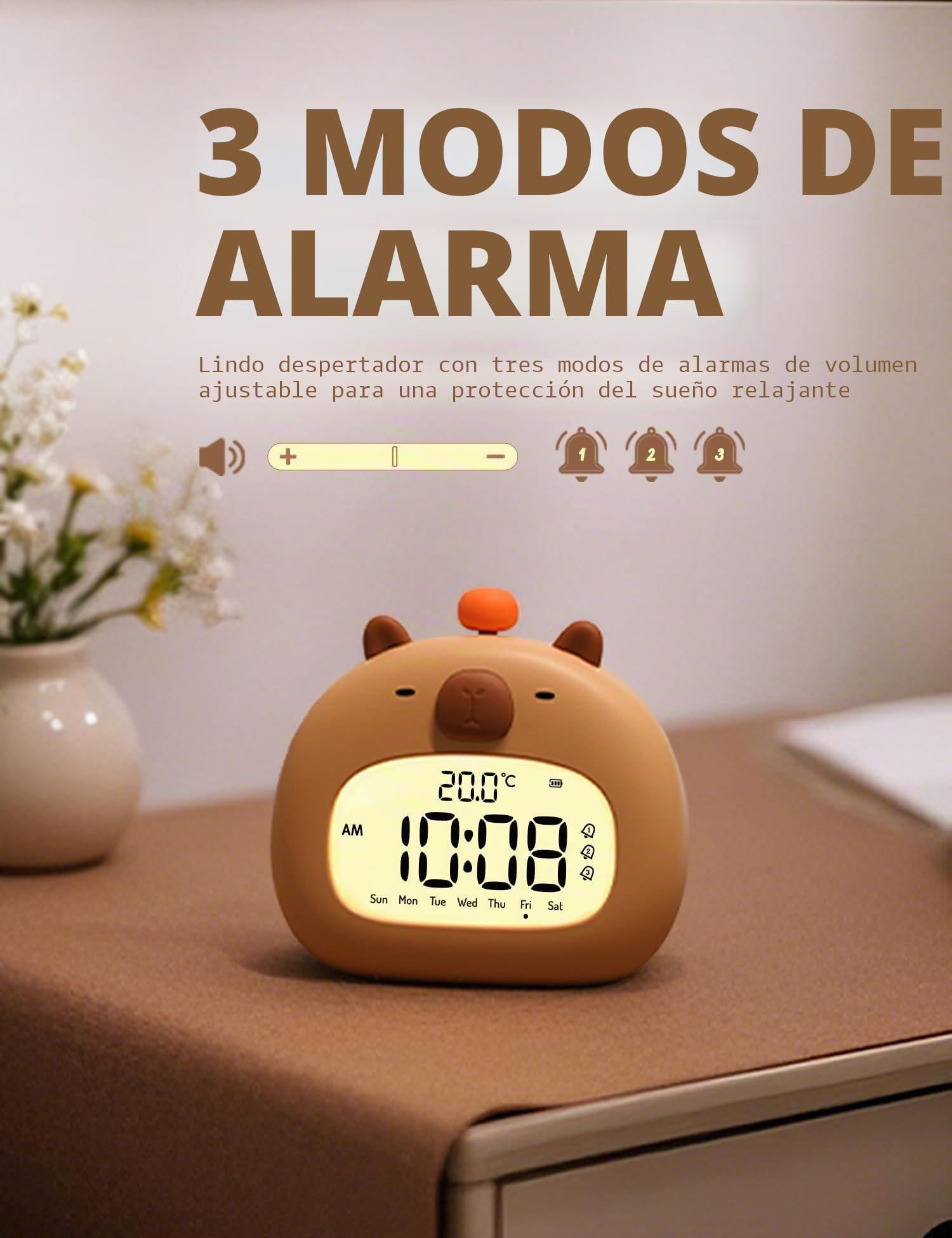 IHALO Capibara Despertador Niño con luz Nocturna,Reloj Despertador Infantil Digital,Niveles de Brillo Ajustables,con indicador de Temperatura,Tres alarmas,Despertador Digital con Función Recargable