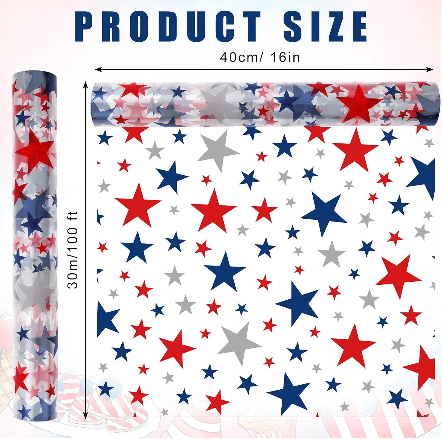 Whaline Patriotic Cellophane Wrap Roll 100ft x 16In 2.5Mil Red Gray Blue Stars Cellophane Paper 4th of July Crystal Clear Cello Wrapping Paper for Independence Day Treats Gifts Basket Party Favor