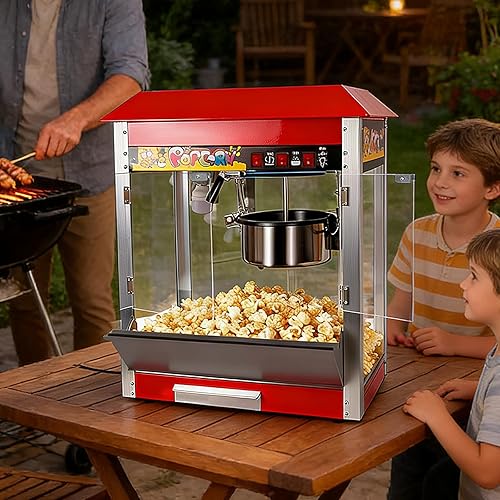 8 ounce popcorn machine, steel popcorn pot, with tempered glass panel and warming stand popcorn maker machine, 1500-watt tabletop home party popcorn