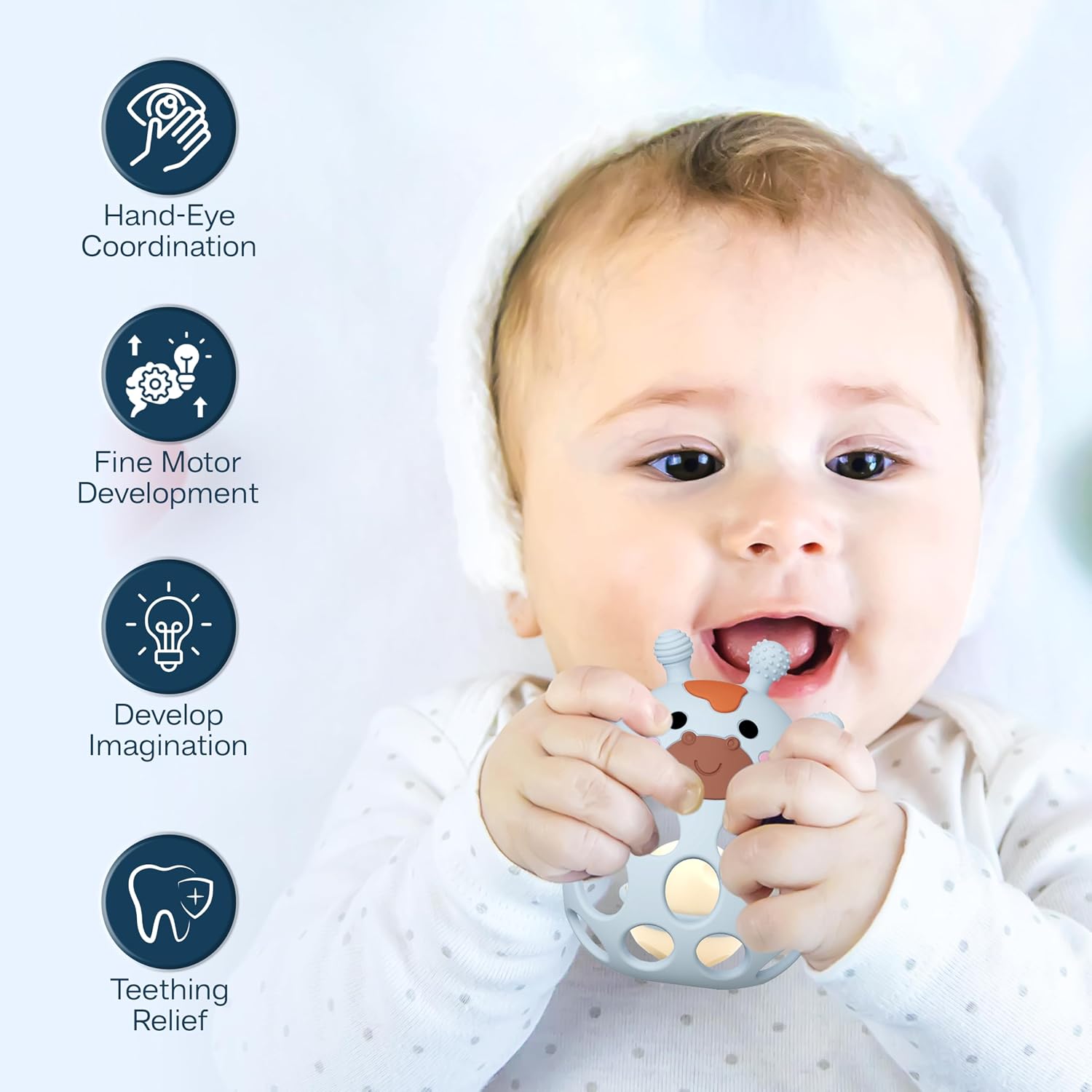 Giraffe Baby Teether with Toy Strap | 3 in 1 Teething Toy, Baby Rattle & Sensory Toy | Food Grade Silicone BPA Free | Baby Toys 0-6 Months | Teething Toys 3-6 Months | Infant Teether 6-12 Months