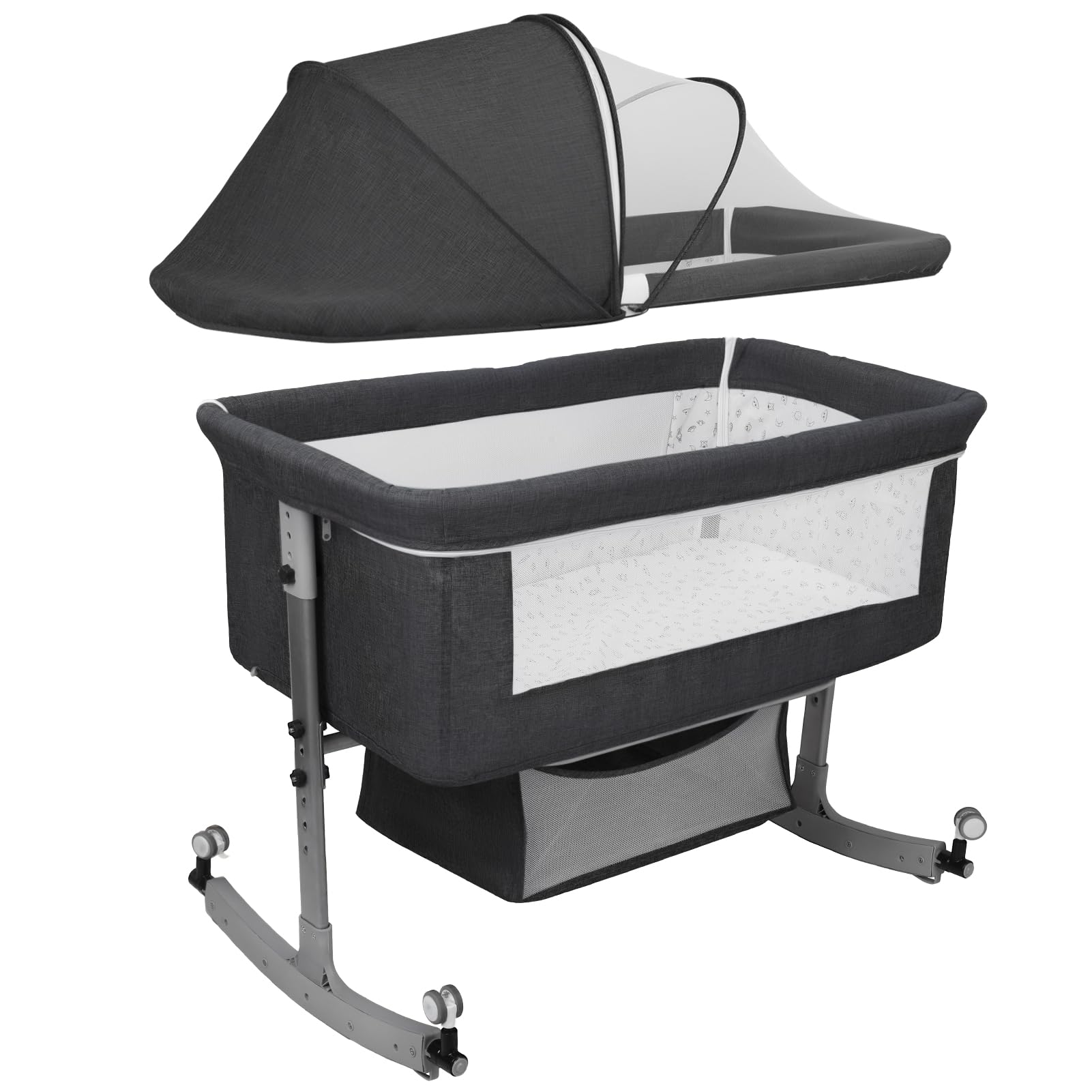 Baby Bedside Crib Baby Crib with with Wheels, Storage, Mosquito Net and Matress Included, Height Adjustable Baby Bassinet (Grey 3) — view 9