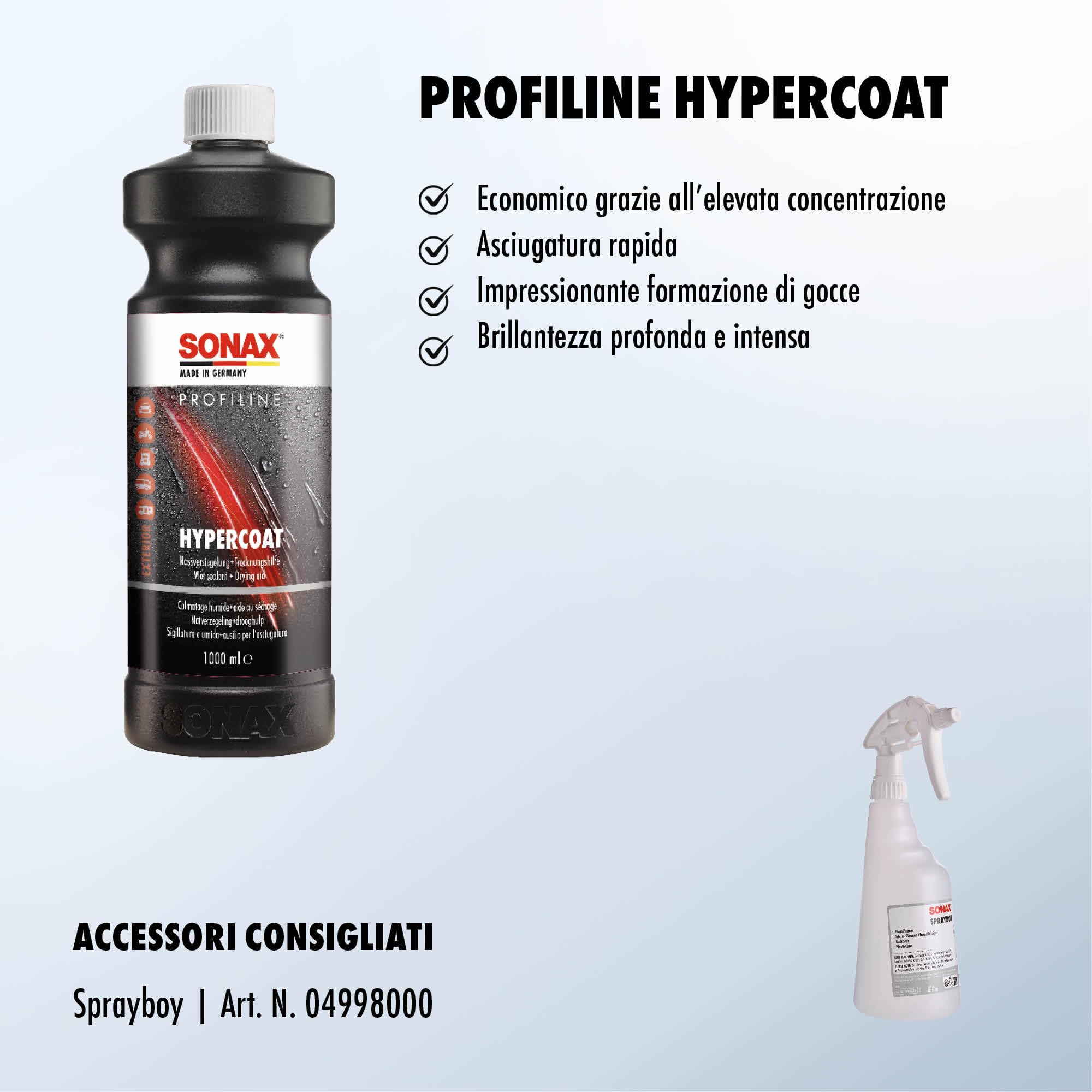SONAX PROFILINE HyperCoat (1 litro) elimina l'acqua in eccesso Durante Il Lavaggio del Veicolo e Permette alle superfici di asciugarsi Rapidamente | Art. N. 06773000