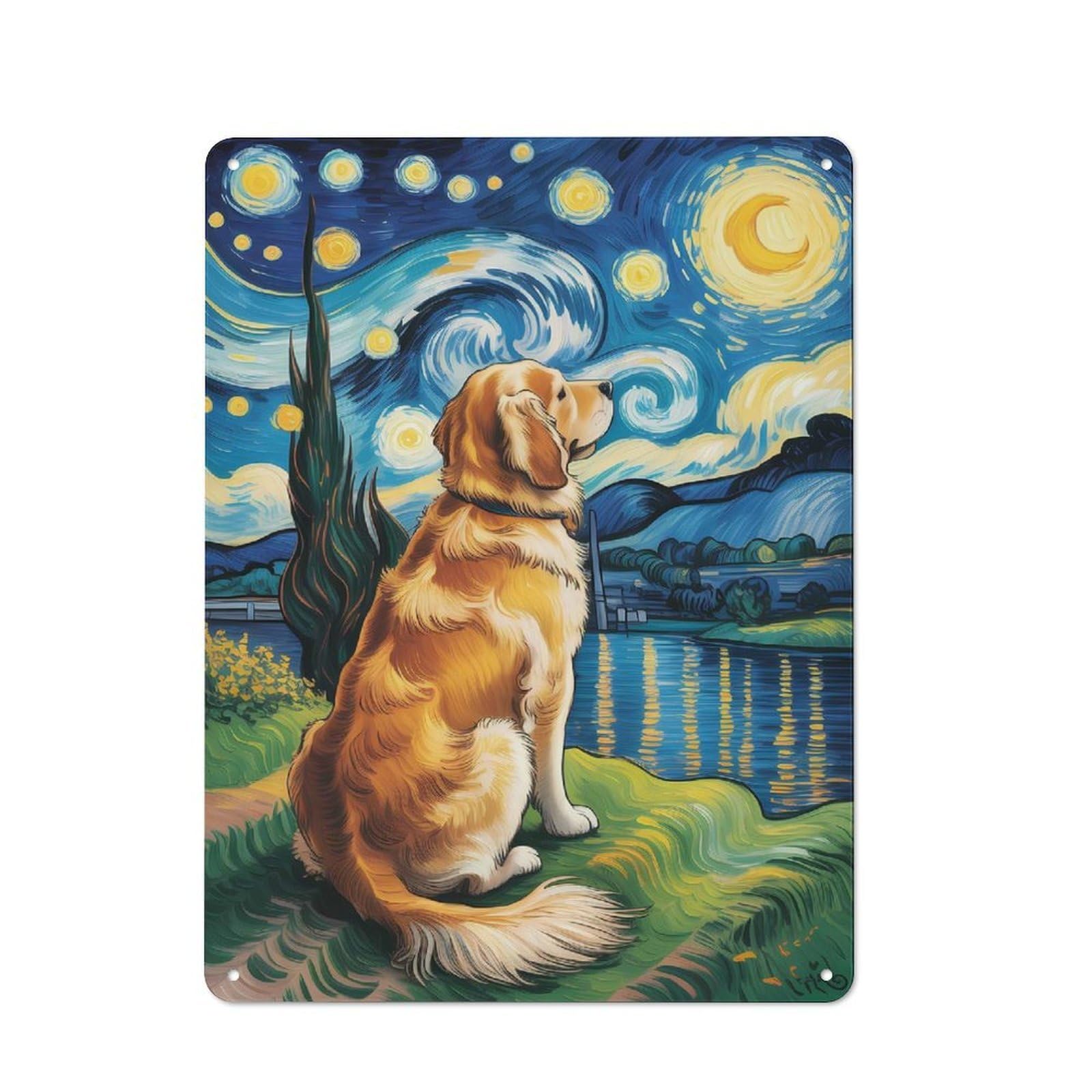 Junmoney Style Tin Sign 40X30cm With Golden Retriever In Starry Night For Workshop Wall, Rustic Decor, Suited To Workshop Decor Fans