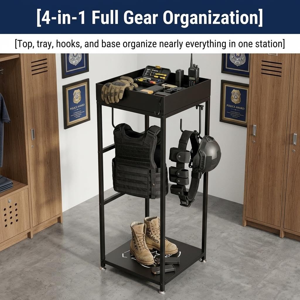 80LBS Police Gear Organizer & Gun Storage Rack Wall Mount, Anti-Rust Tactical Gear Stand with Triple-Hook Design, Hook Capacity for Law Enforcement Accessories, Home Armory & Police Academy