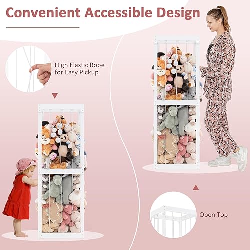 Miniatura 3 de Costzon Almacenamiento de animales de peluche extra grande, organizador de animales de madera con cordones elásticos, organizador de almacenamiento