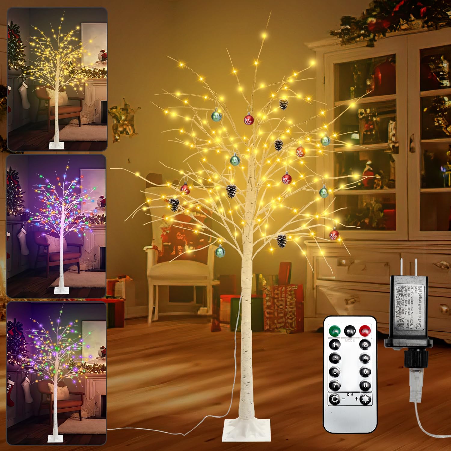 Aukivon Lighted Birch Tree 6 Feet, White Birch Christmas Tree with Lights, White Birch Pre-lit Christmas Tree with 200 LEDs 8 Flashing Modes Dimmable for Wedding Holiday Party Christmas Decoration