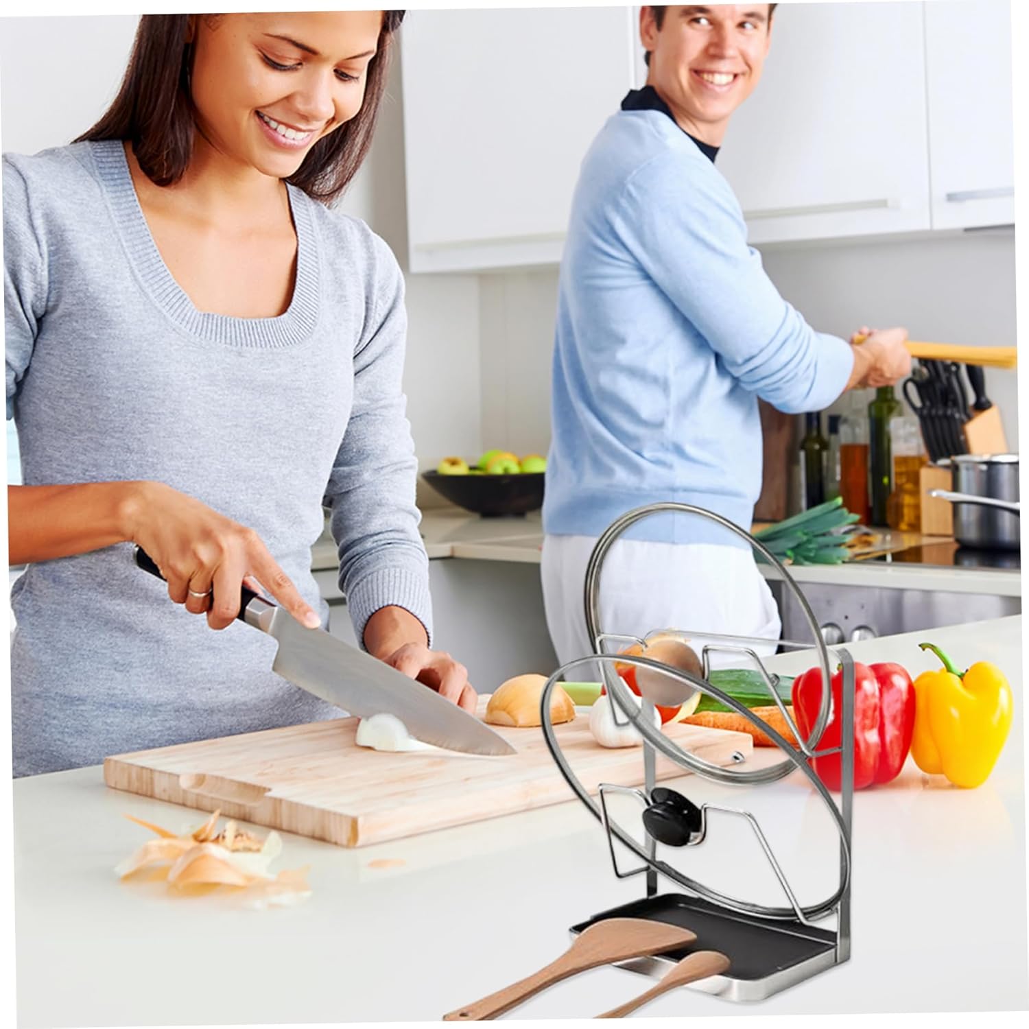 Pot Lid Organizer 2-Tier Stainless Steel Pot Lid Holder While Cooking Cover Holder Rack with Detachable Spoon Rest/Drip Tray ideal for Kitchen Countertop Cutting Board