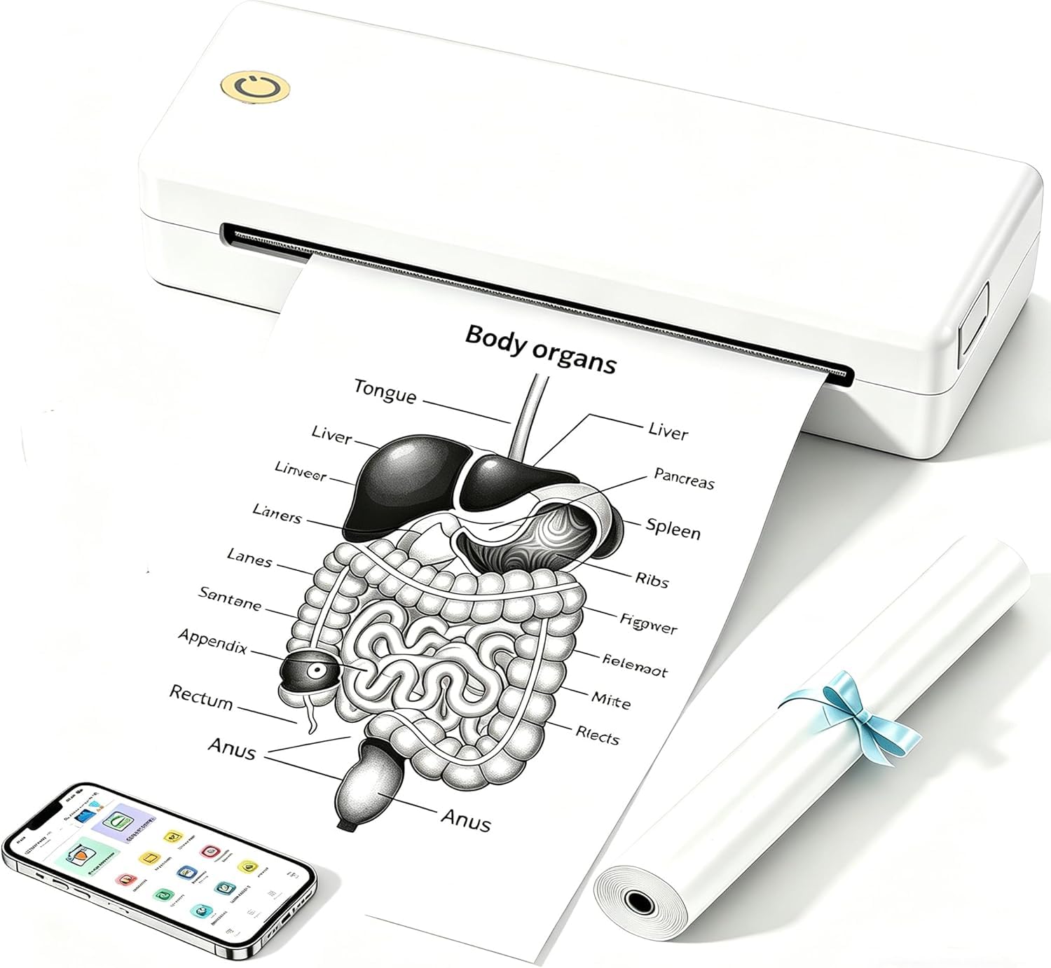 eSynic Tragbarer Thermodrucker A4 Weiß Bluetooth Mobiler Inkless Printer mit Bluetooth & USB Leichter Mehrformat-Drucker für Belegdrucker Lernen Tragbarer Drucker Handy Tablet Laptop Kompakt Kabellos