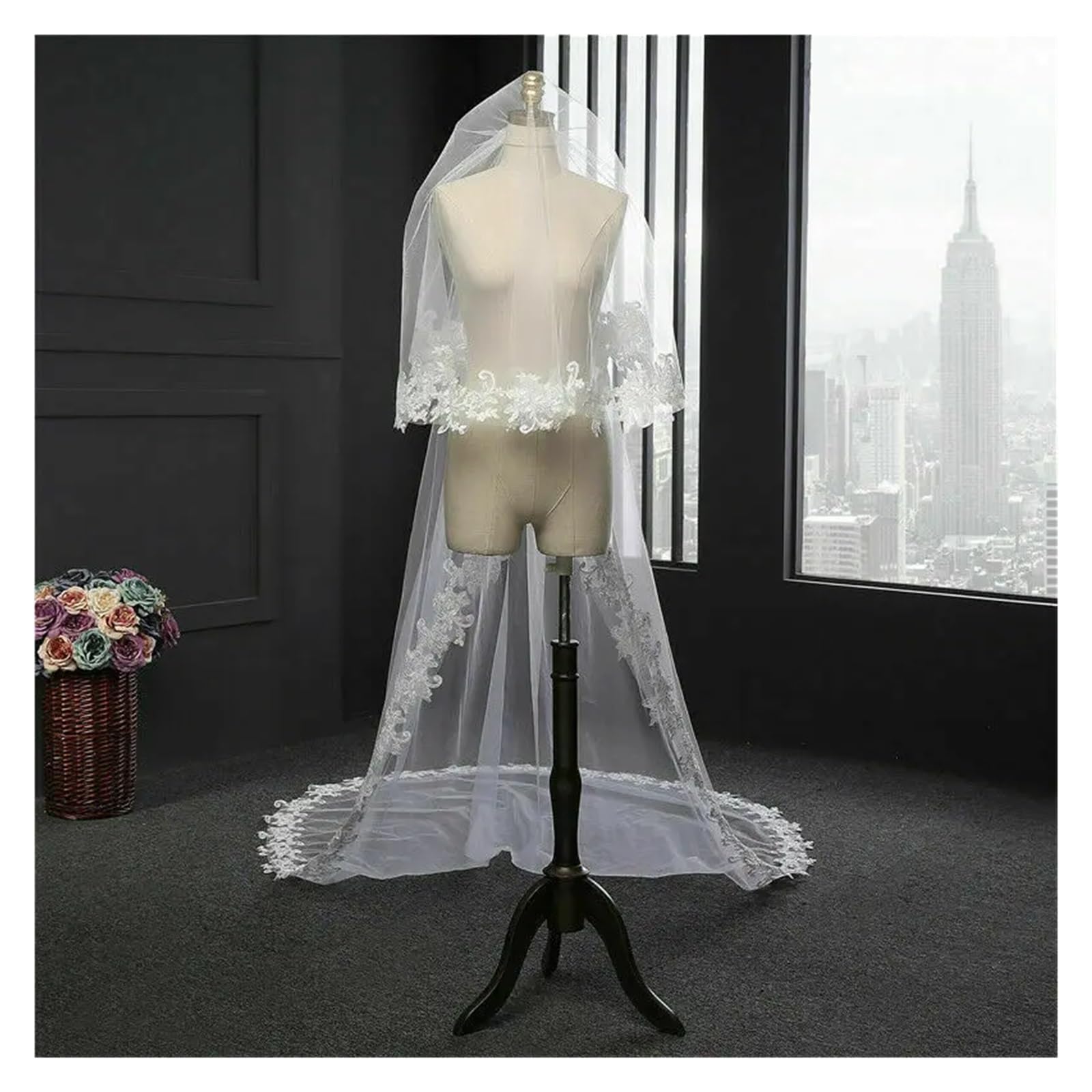 Velo de Novia Blanco Marfil de 3 m de Largo, Mantilla de Encaje con Peine, Accesorio de Boda de Dos Capas Estilo Catedral (Marfil, 300 cm)