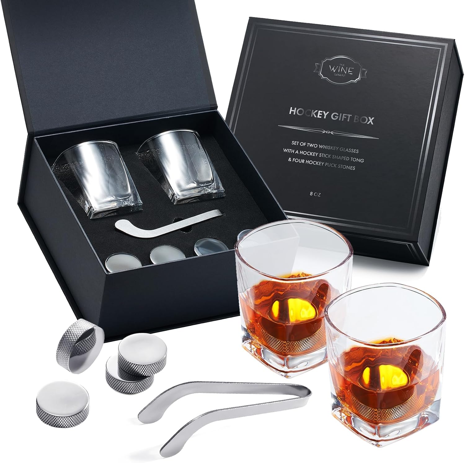 Hockey Puck Whiskey Stones Gift Set with 2 Glasses & Stick Tongs - 7pc Stainless Steel Chilling Rocks, Chill Non-Diluting Freezer Kit, Cool Hockey Gifts for Men, Him, Dad, N H L Gift Boyfriend & Fans
