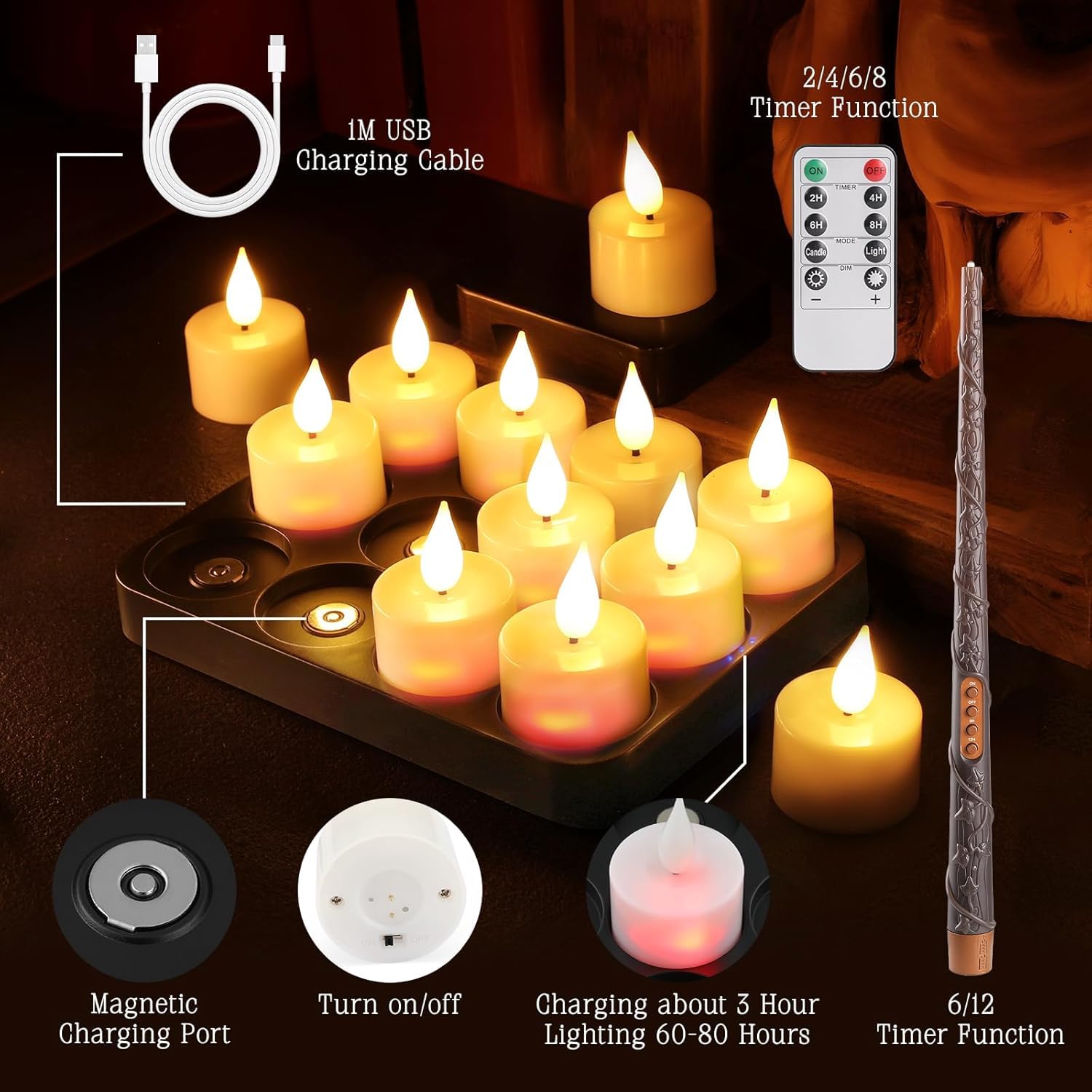 led teelichter Flammenlose kerzen aufladbar mit Zauberstab fernbedienung timer,12pcs aufladbare teelichter mit ladestation für Zimmer Wohnzimmer Halloween Kürbis Weihnachten Party Deko