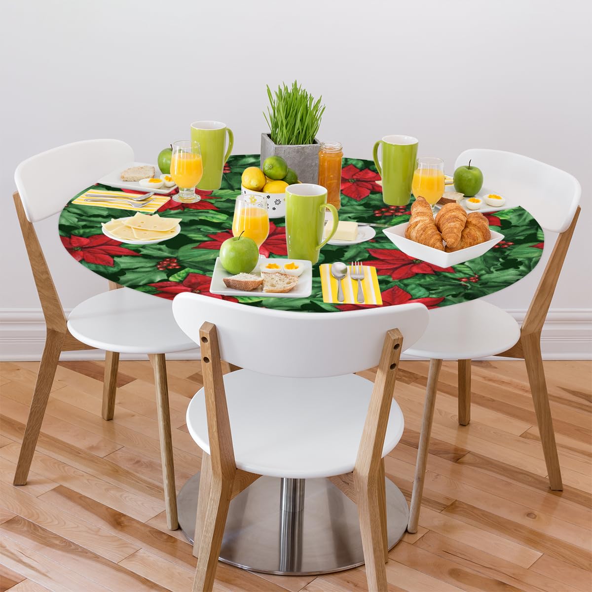 Christmas Poinsettia Flower Berry Leaf Round Fitted Tablecloth with Elastic Edge, Xmas Round Fitted Table Cloth, Xmas Washable Indoor Outdoor Table Cover for Party Kitchen Dinner Fits 36-42 In Table
