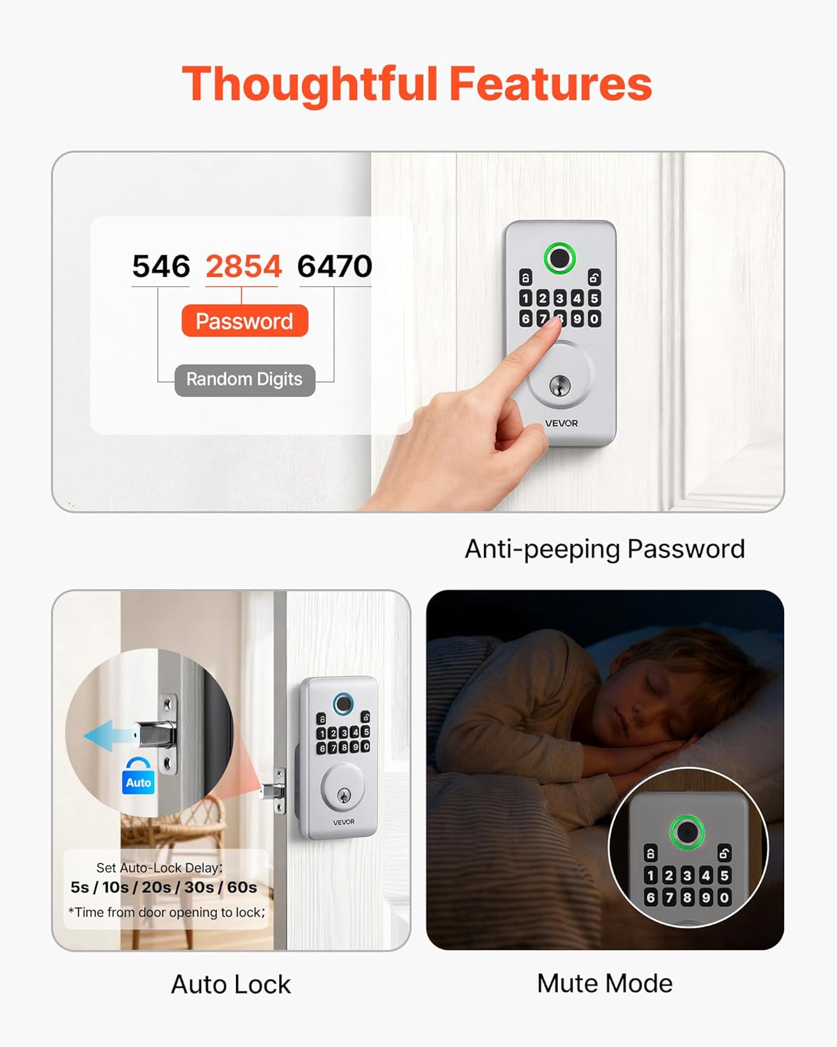 VEVOR Fingerprint Door Lock, Electronic Biometric Deadbolt with Pioneering Easy-Grip Design, Auto Locking, One-Time Code, Anti-Peeking Password, Keyless Entry Door Lock for Home, Apartment, Silver