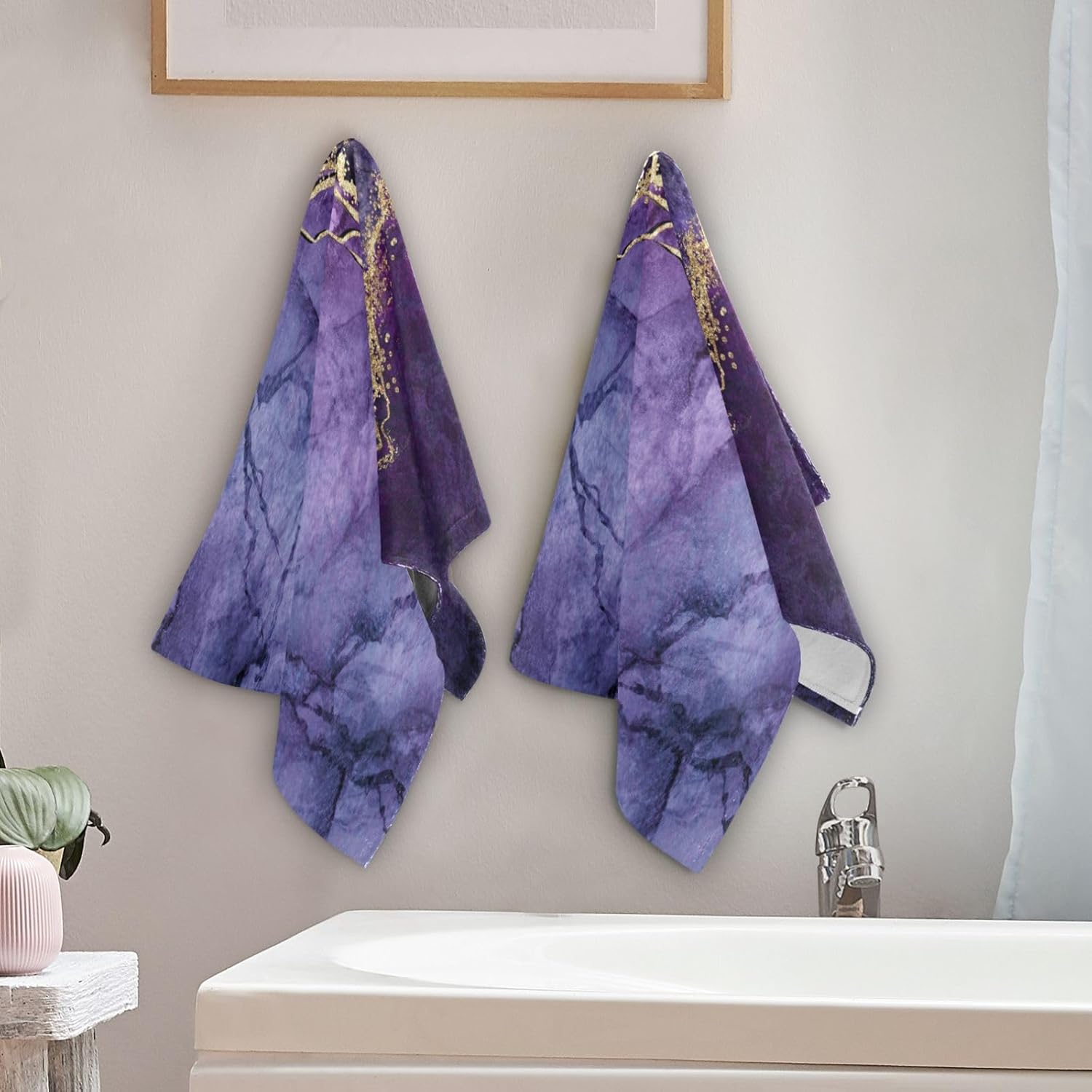 Purple Marble Hand Towels for Bathroom Set of 2 Abstract Gold Texture Aesthetic Soft Absorbent Kitchen Towel Modern Elegant Art Decorative Bathroom Towels for Bath Guest Shower Face Hair Gym 14"x28" - Image 3